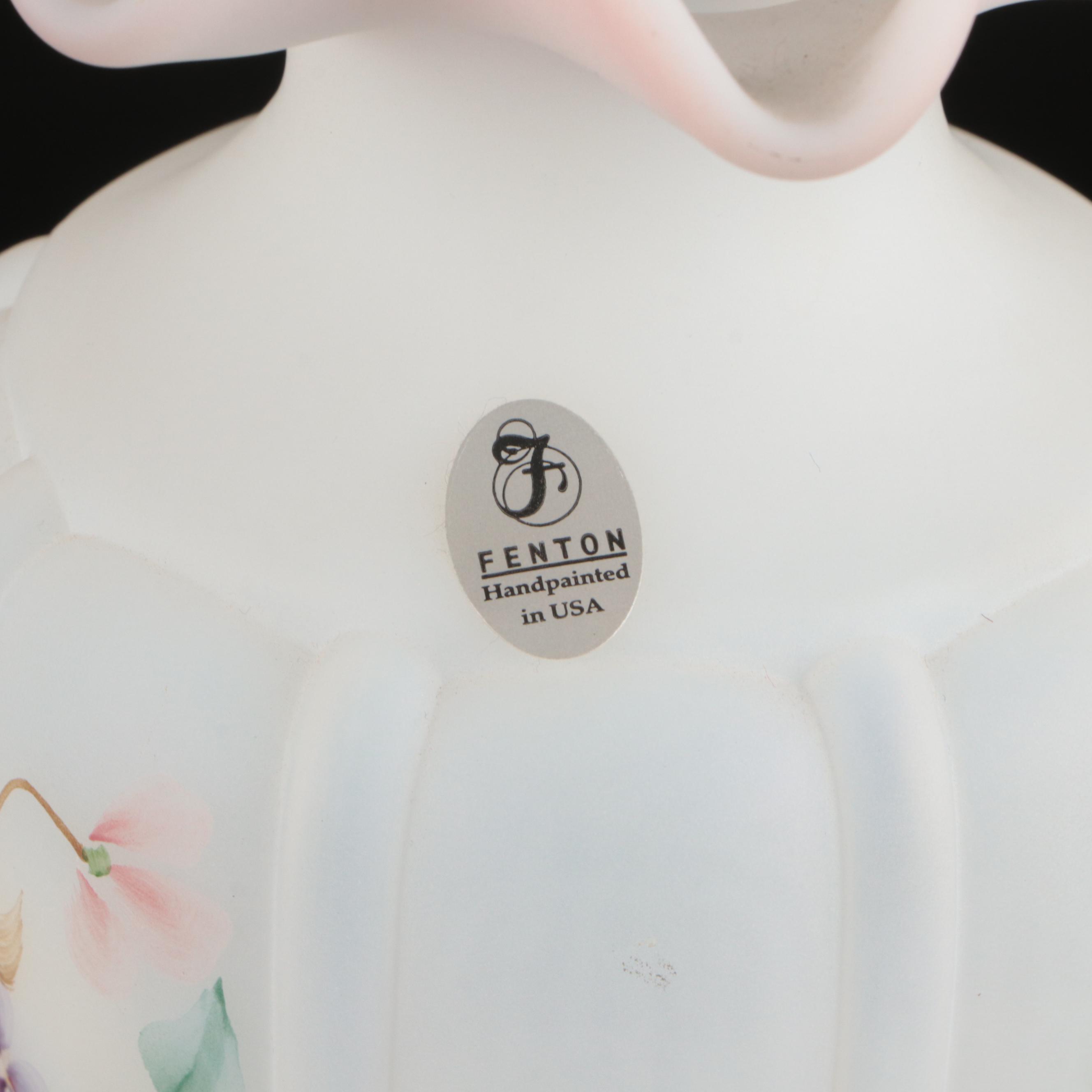 European Hand-Painted Uranium Glass Vase with Fenton Floral Vase