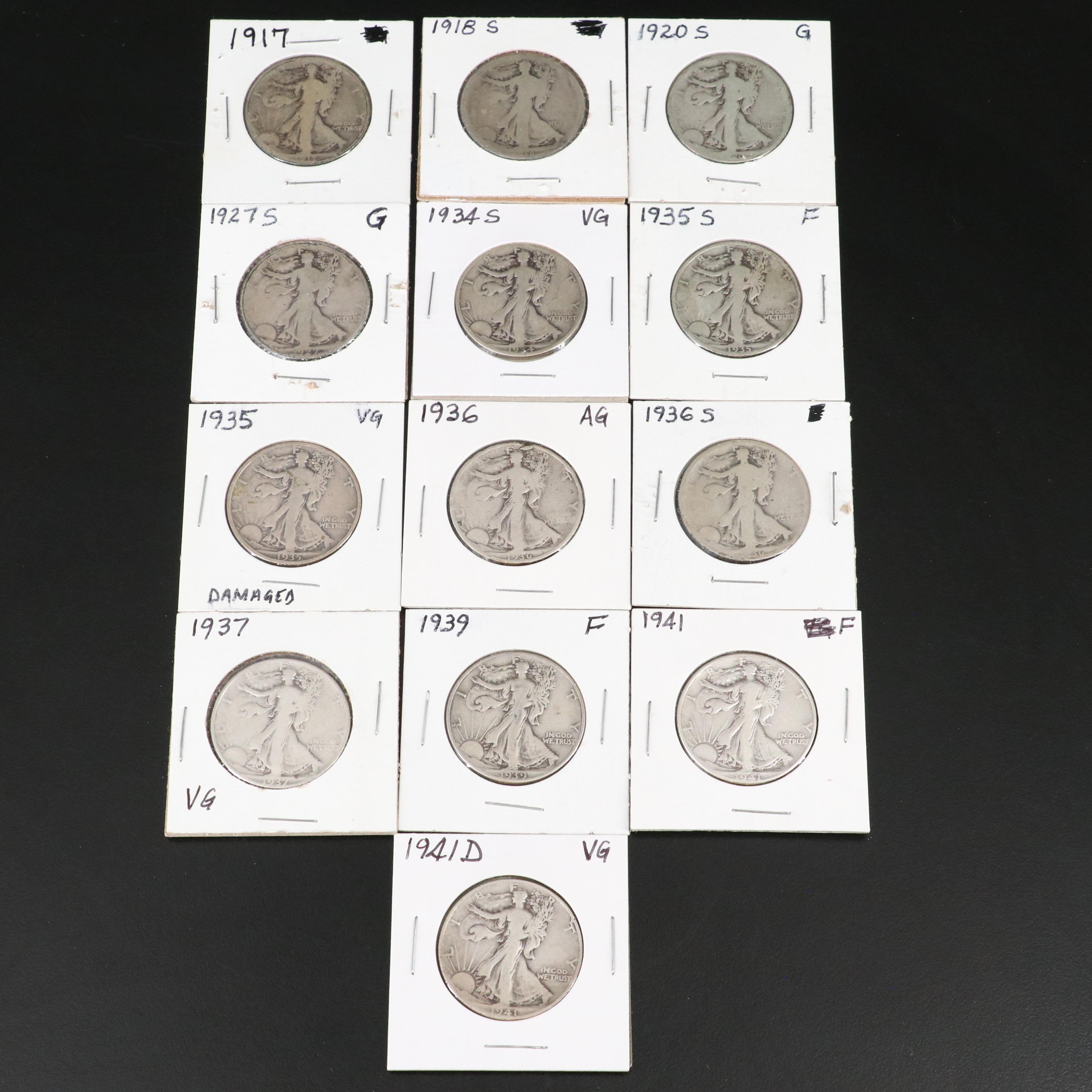 Thirteen Walking Liberty Silver Half Dollars Ranging from 1917-1941