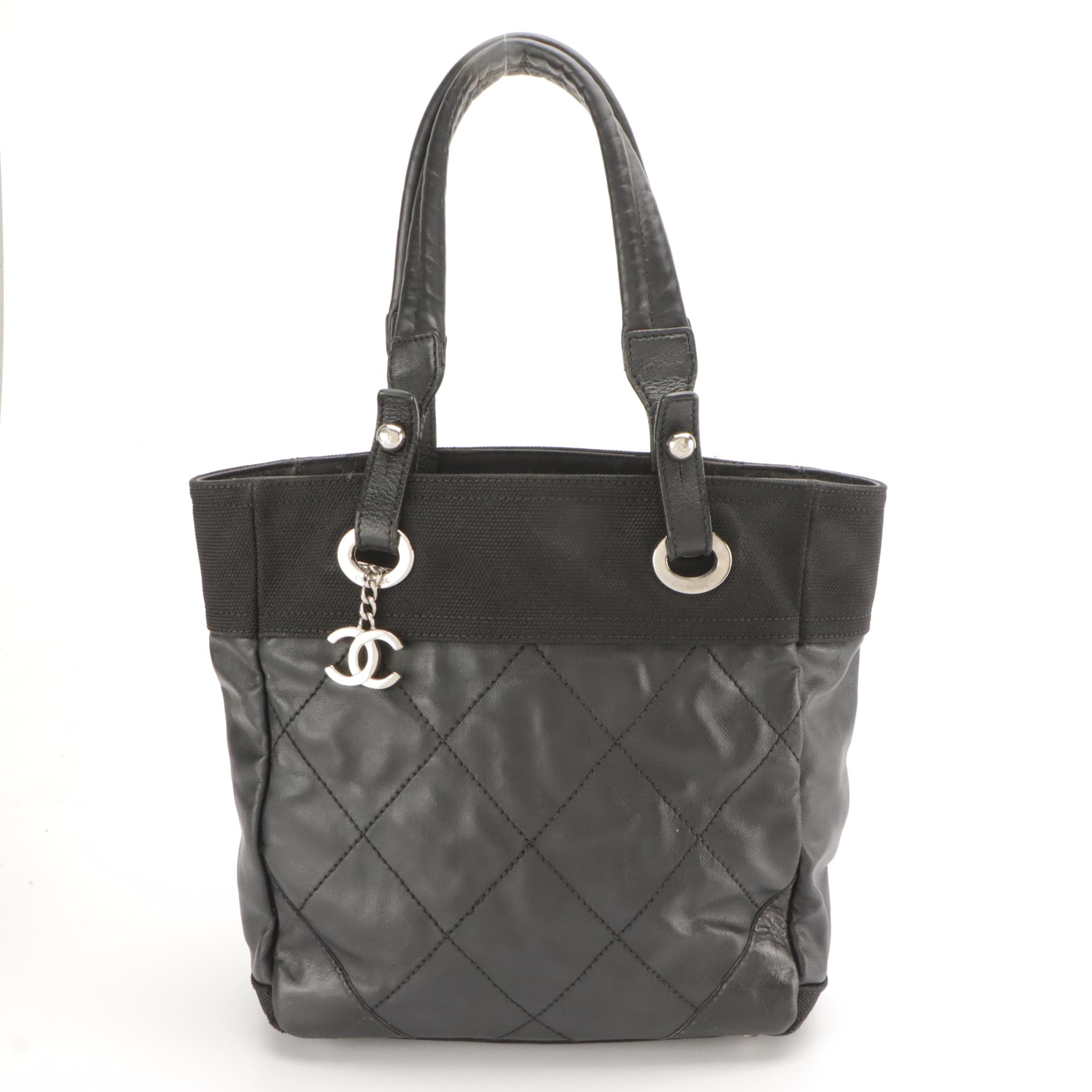 Chanel Biarritz PM Shoulder Bag Tote in Black Canvas with Leather Trim