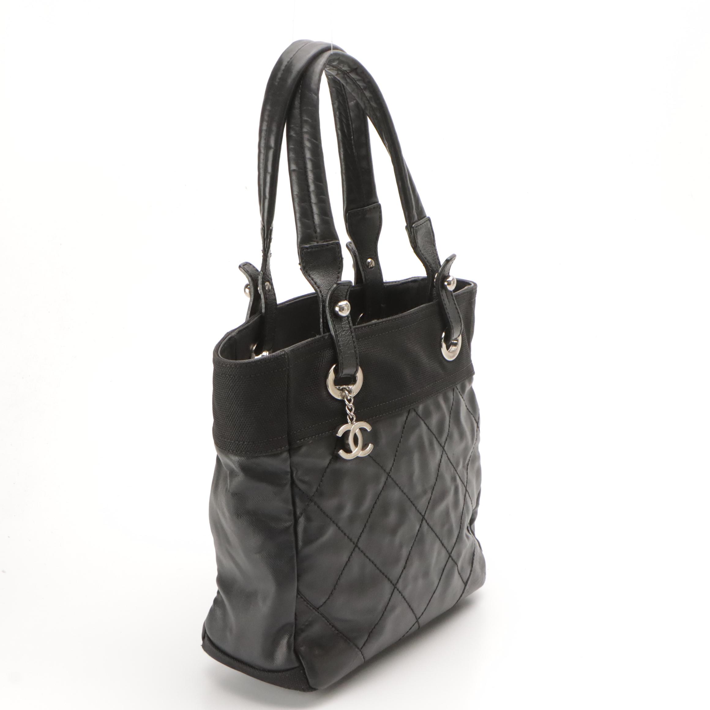 Chanel Biarritz PM Shoulder Bag Tote in Black Canvas with Leather Trim