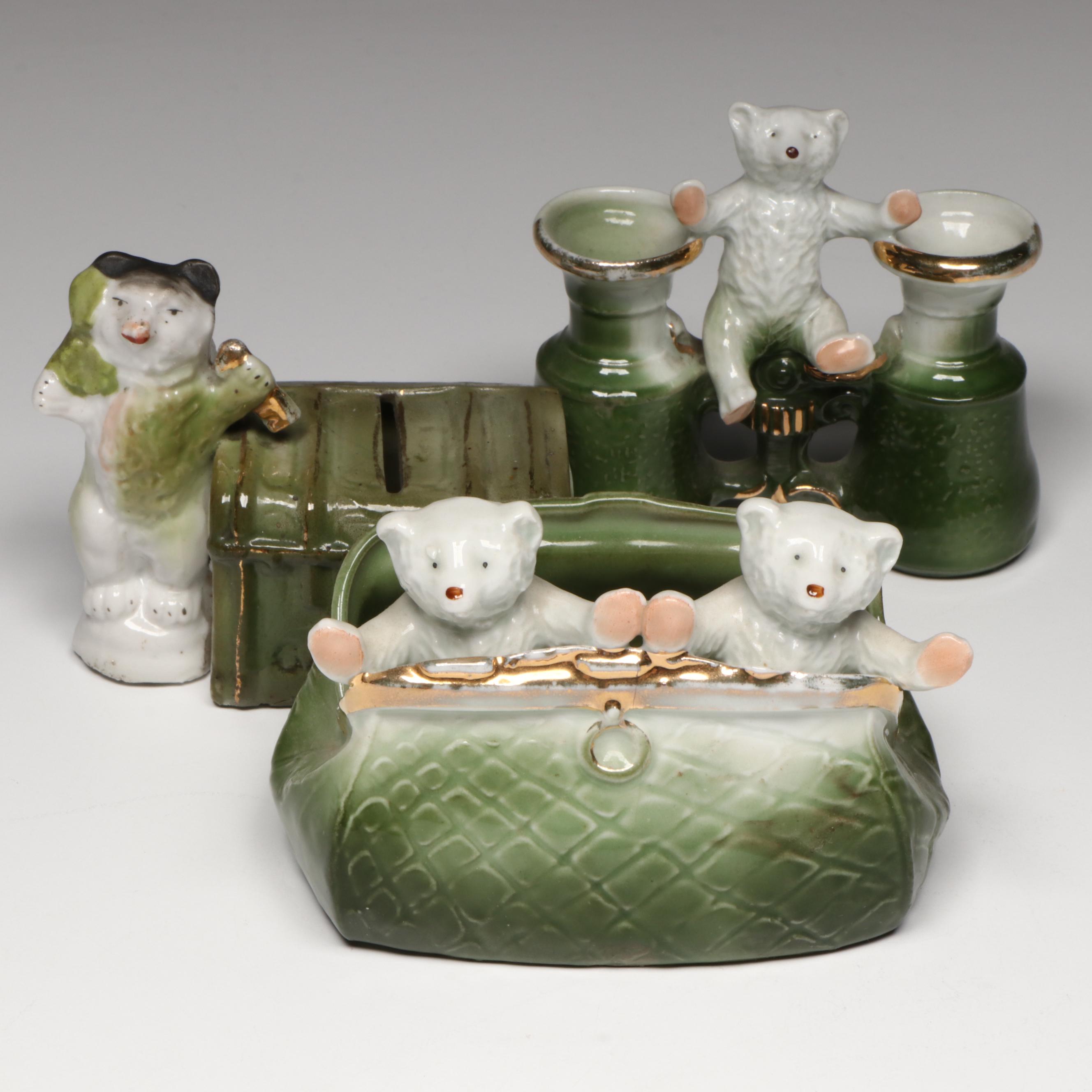 German Porcelain Fairing Bears in Purse, Opera Glasses and Bank, Early 20th C.