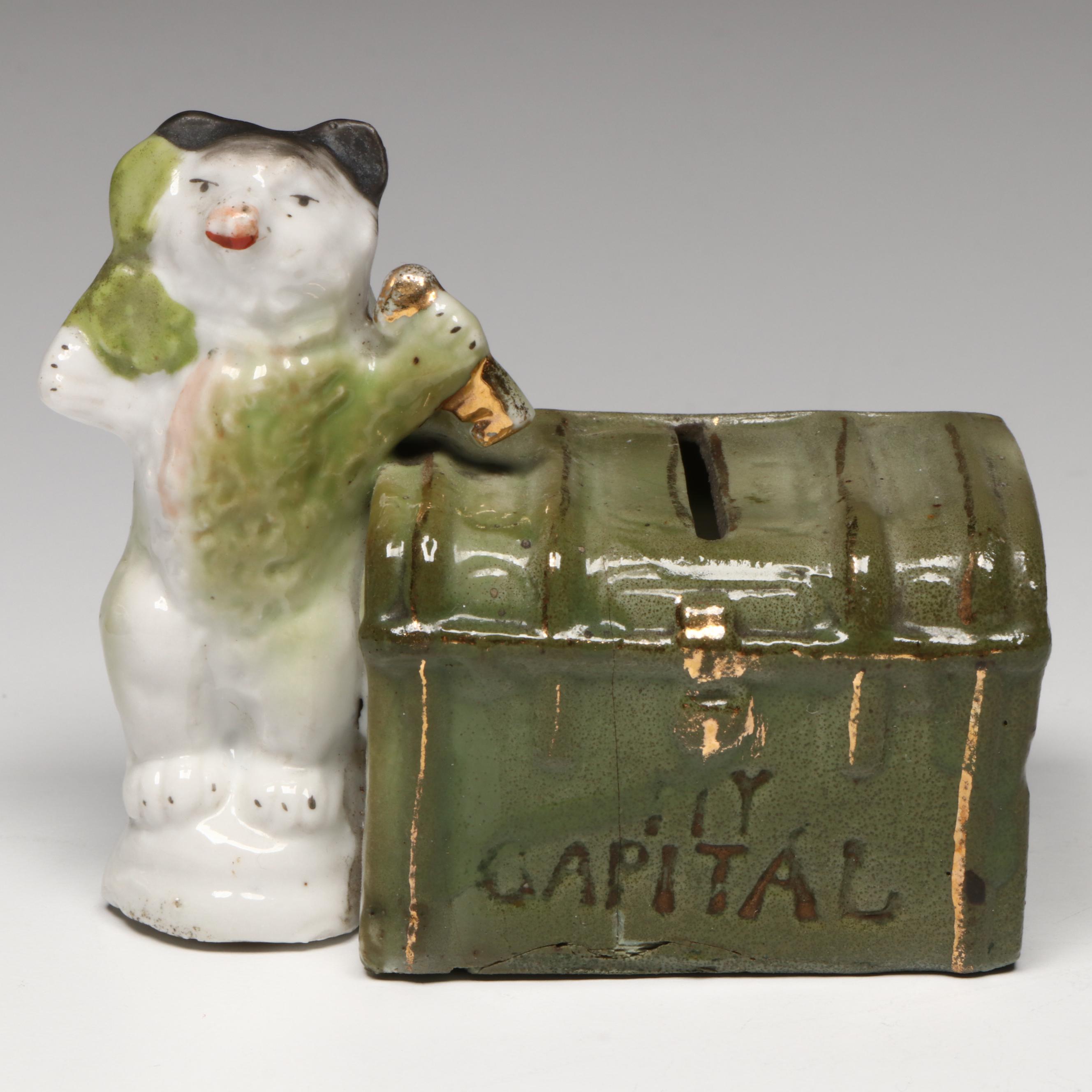 German Porcelain Fairing Bears in Purse, Opera Glasses and Bank, Early 20th C.