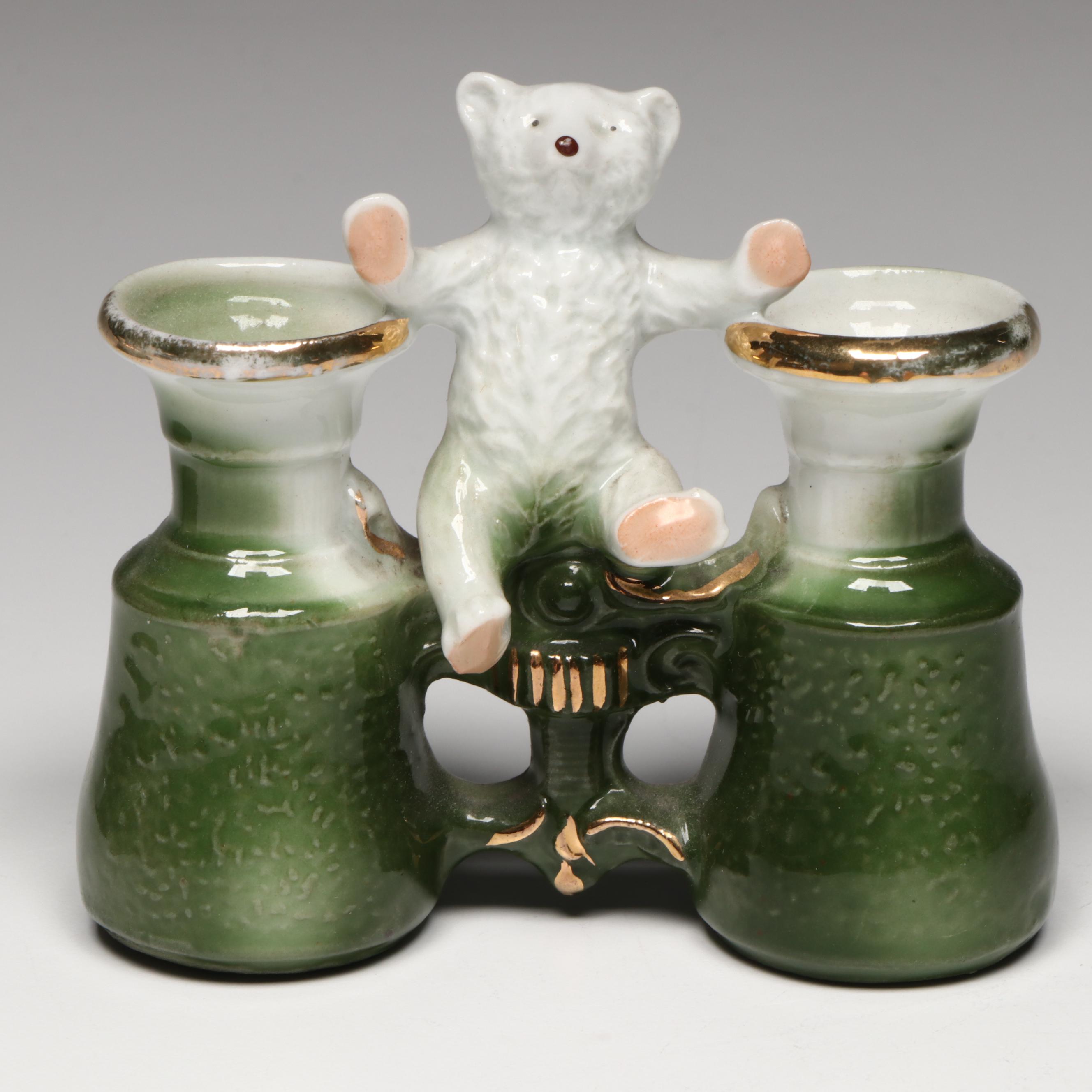 German Porcelain Fairing Bears in Purse, Opera Glasses and Bank, Early 20th C.