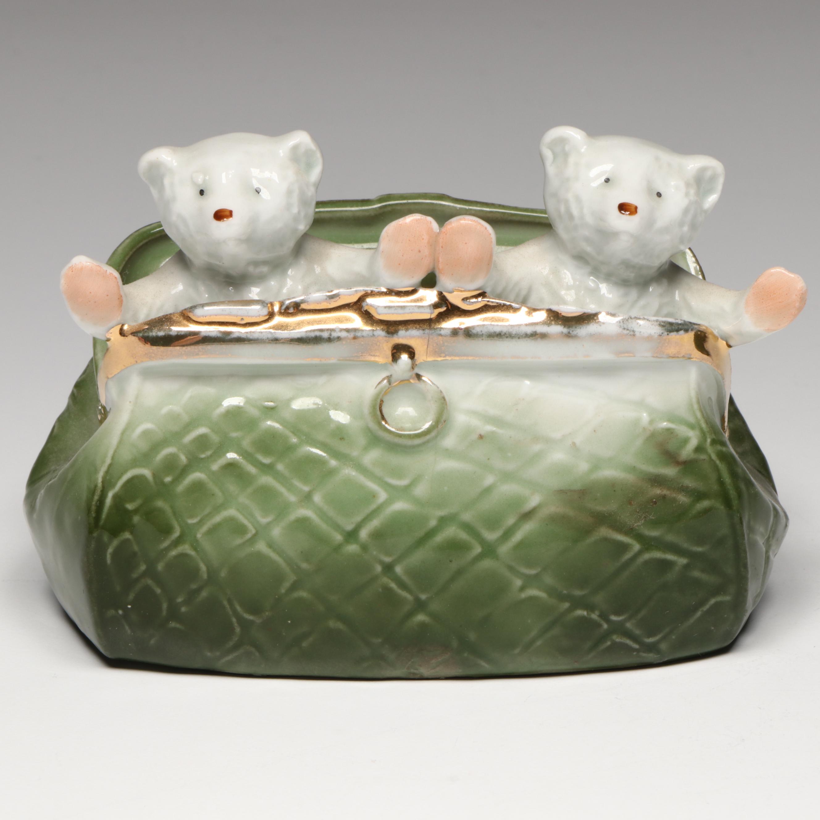German Porcelain Fairing Bears in Purse, Opera Glasses and Bank, Early 20th C.