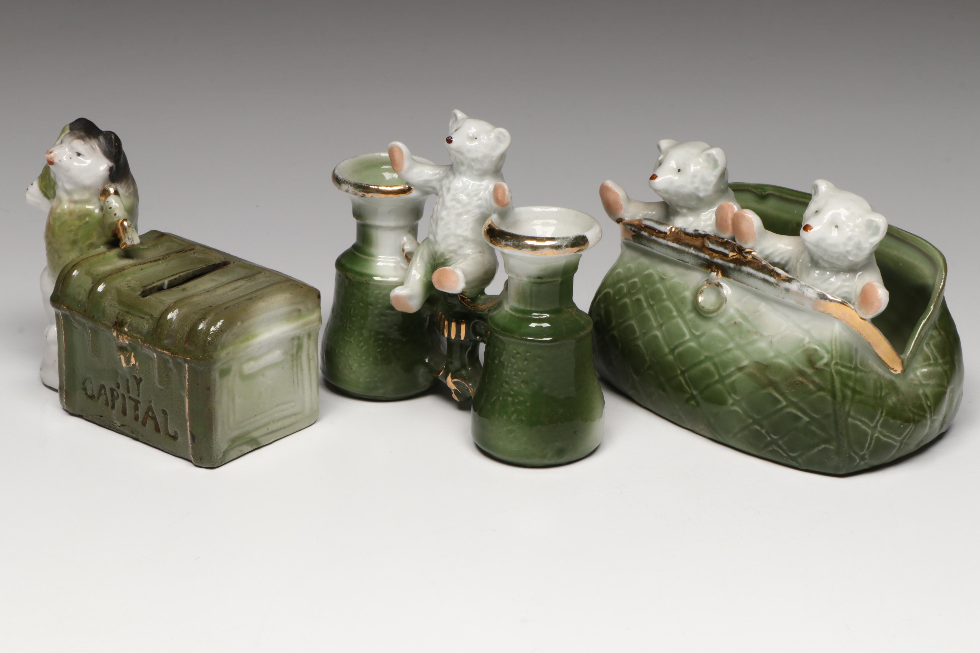 German Porcelain Fairing Bears in Purse, Opera Glasses and Bank, Early 20th C.