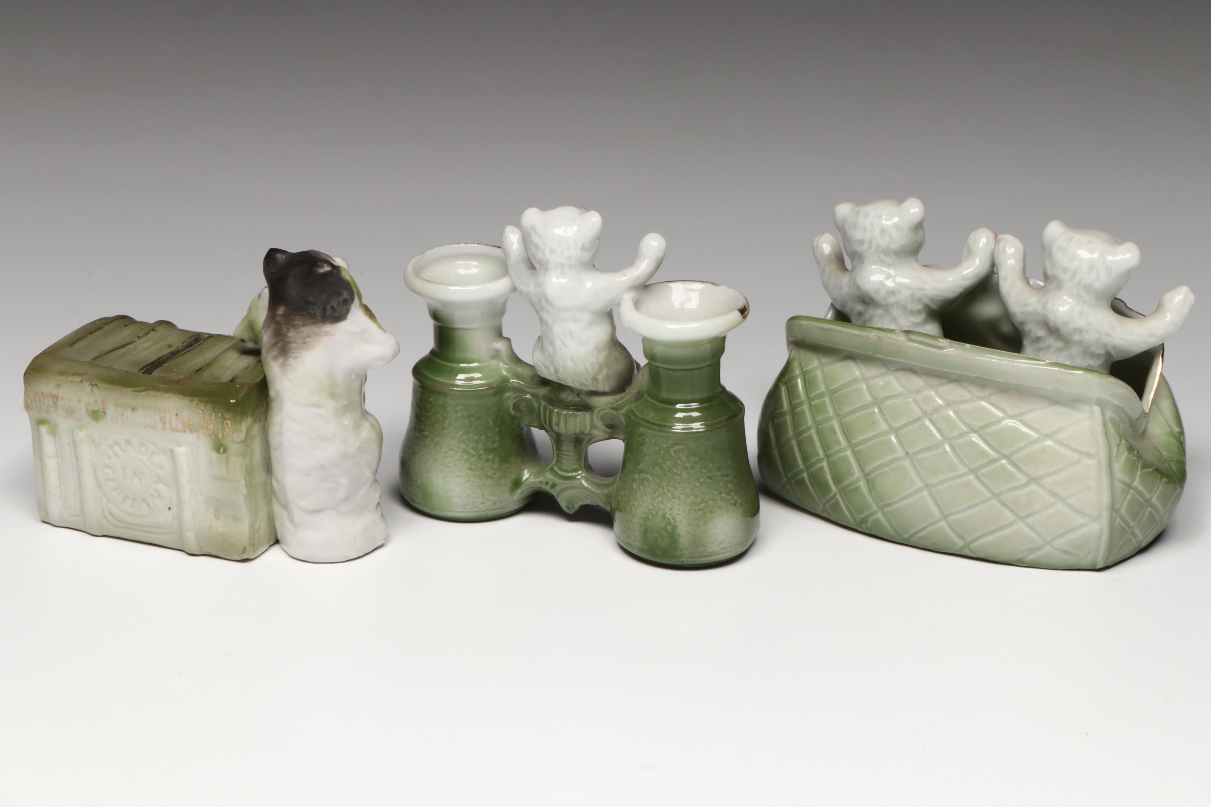 German Porcelain Fairing Bears in Purse, Opera Glasses and Bank, Early 20th C.