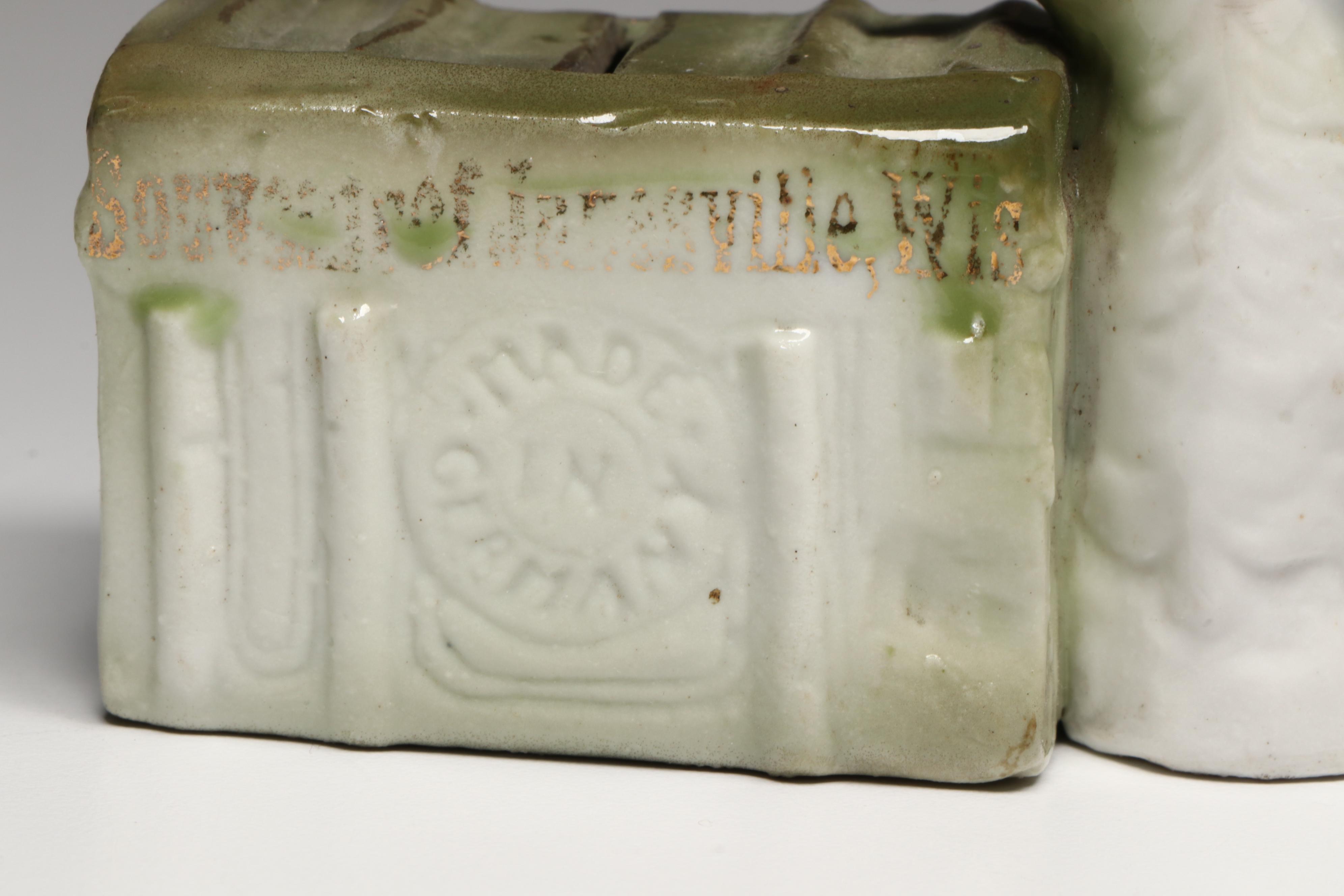 German Porcelain Fairing Bears in Purse, Opera Glasses and Bank, Early 20th C.