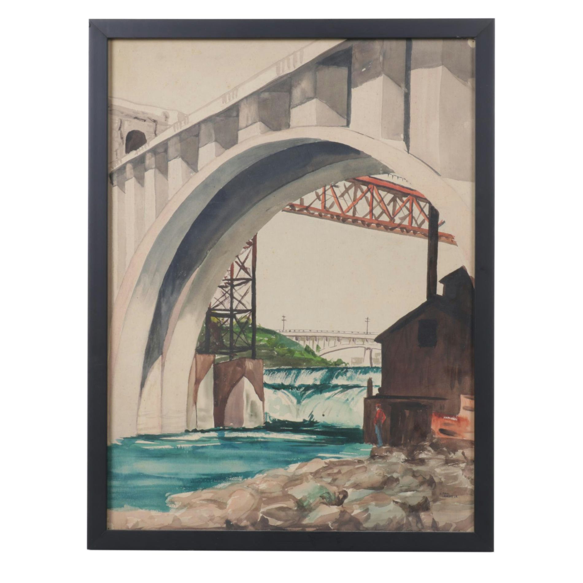 John P. Albert Jr. Watercolor Painting of Riverside Bridges