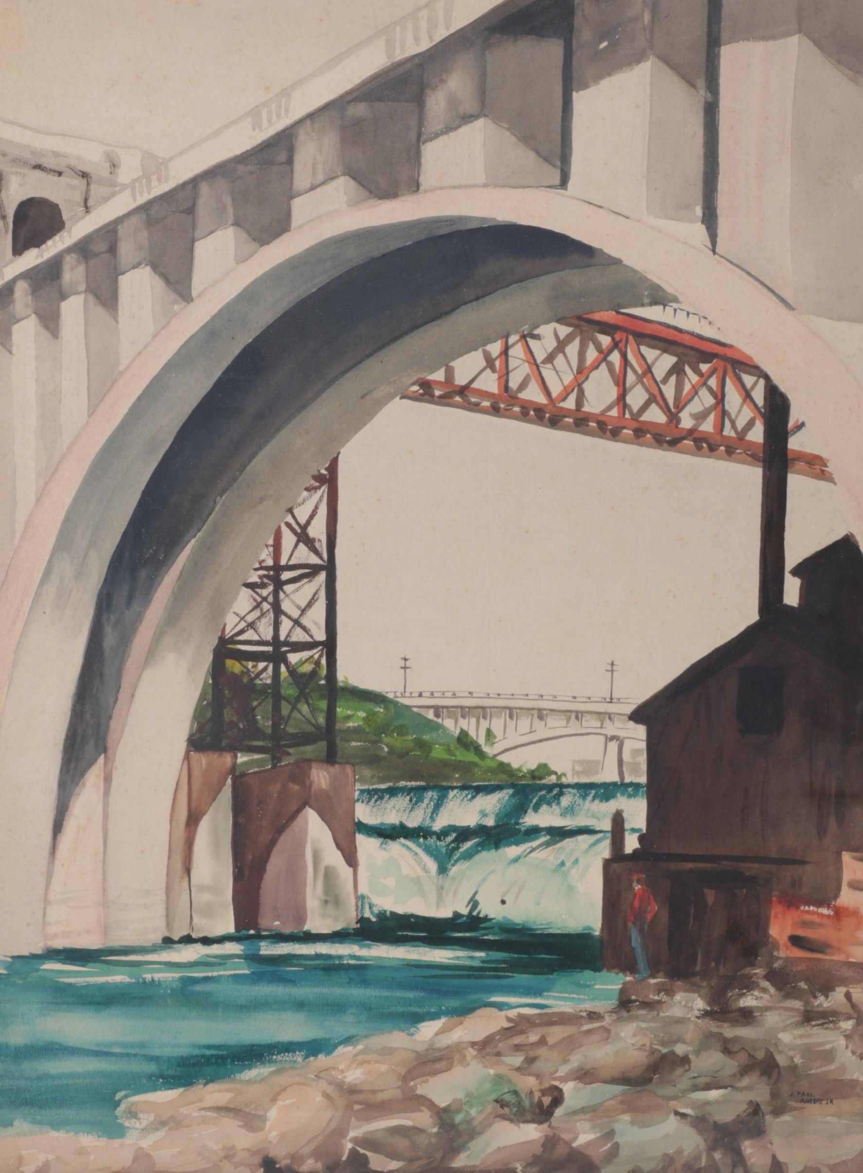 John P. Albert Jr. Watercolor Painting of Riverside Bridges