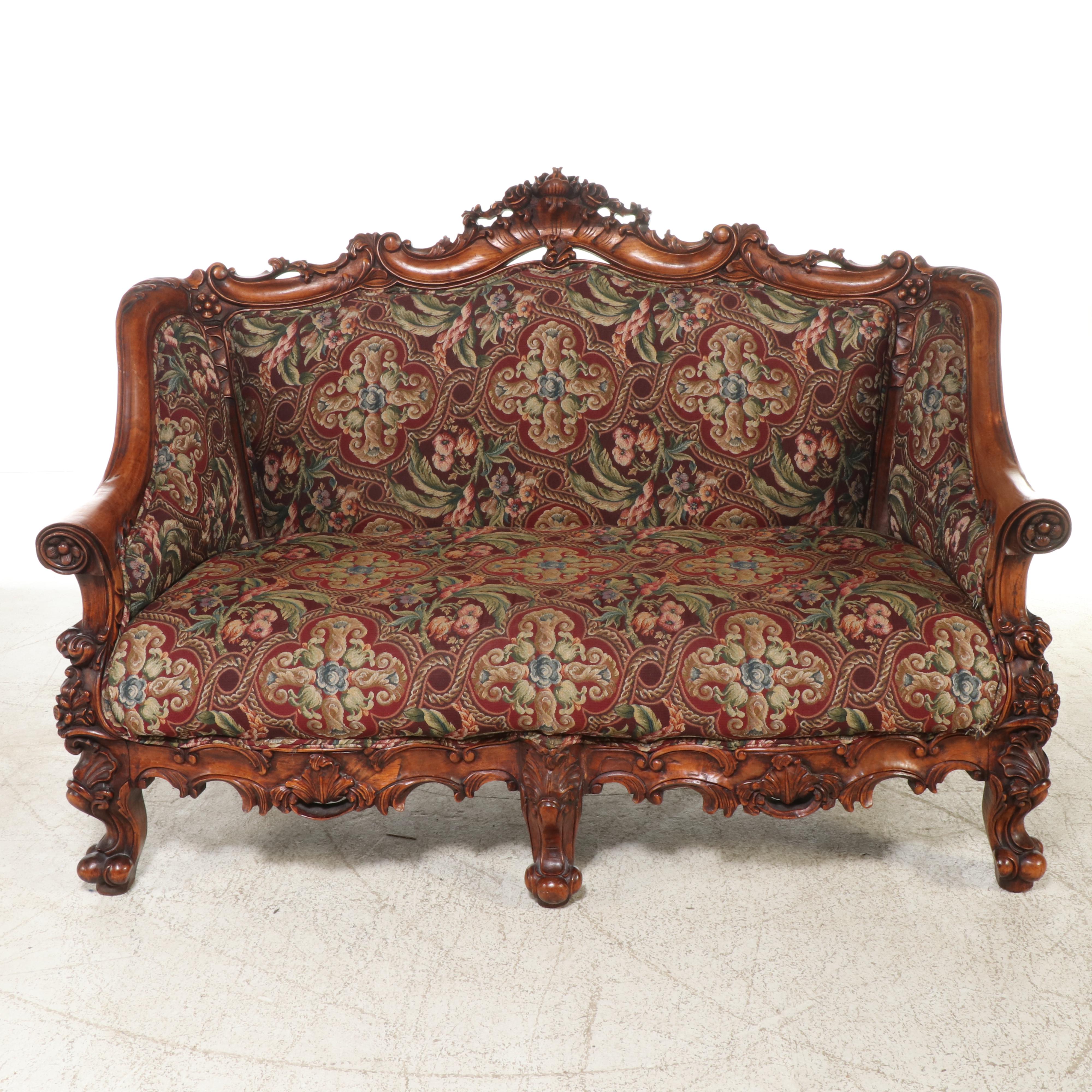 Rococo Style Carved Wood and Floral Upholstered Sofa, 20th Century