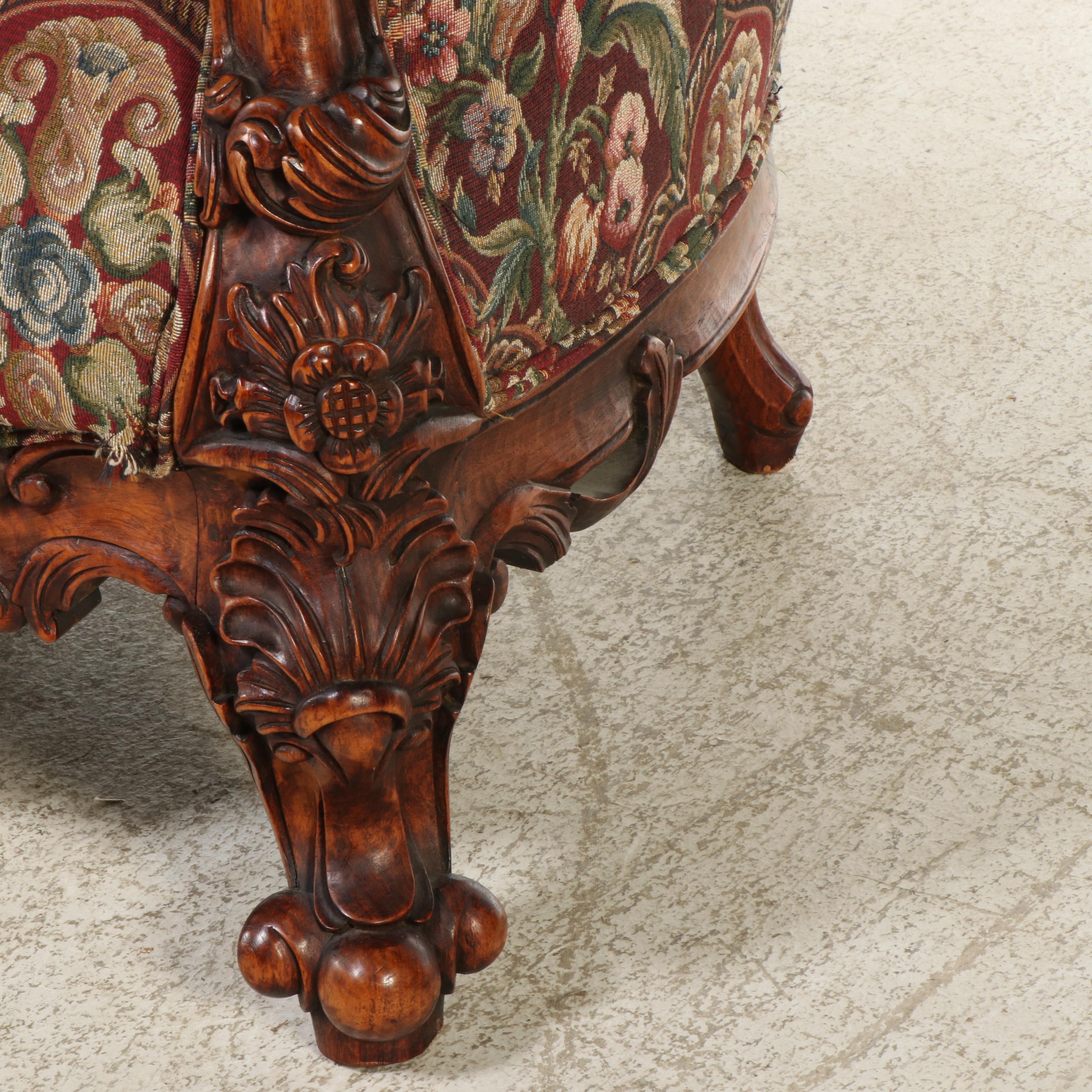 Rococo Style Carved Wood and Floral Upholstered Sofa, 20th Century