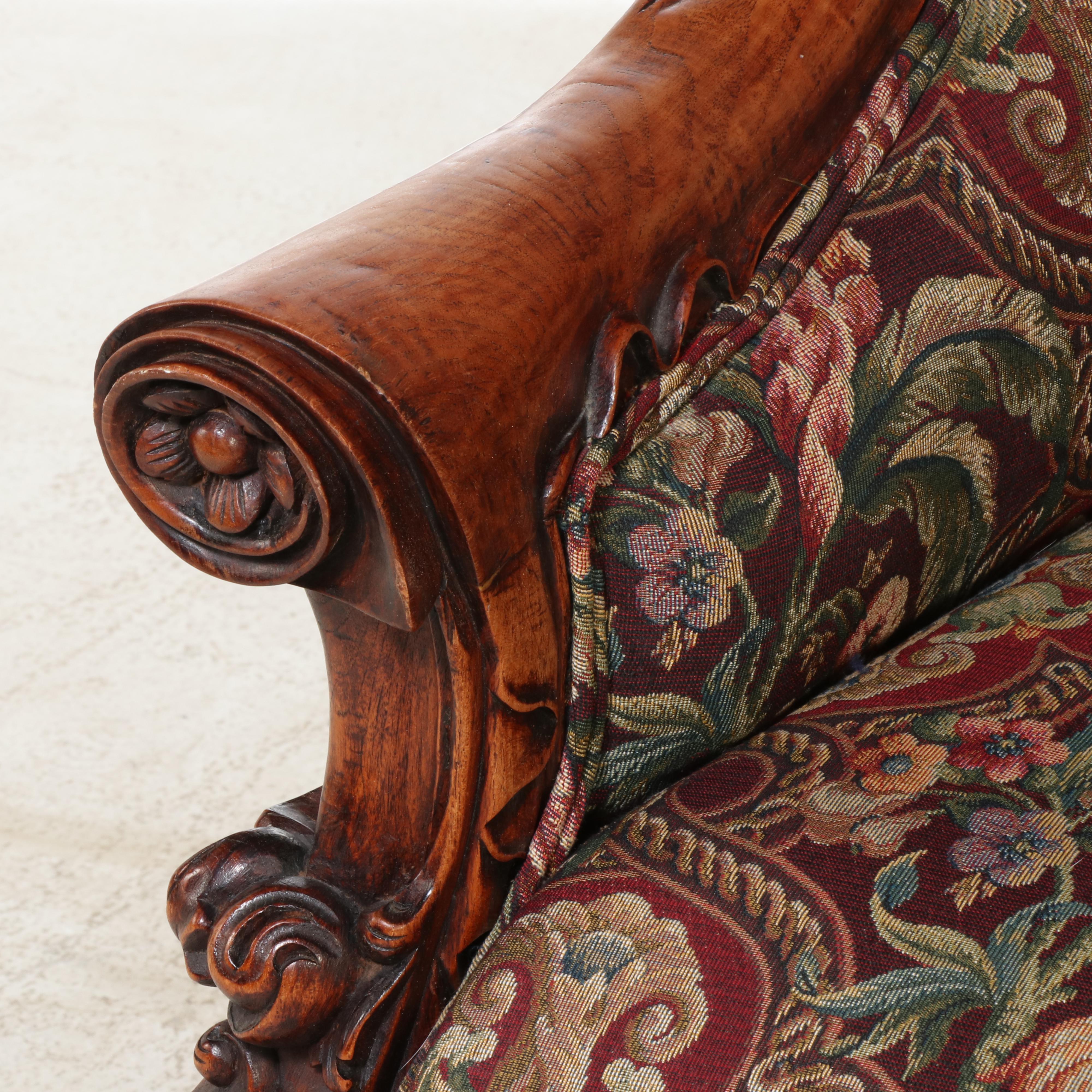 Rococo Style Carved Wood and Floral Upholstered Sofa, 20th Century