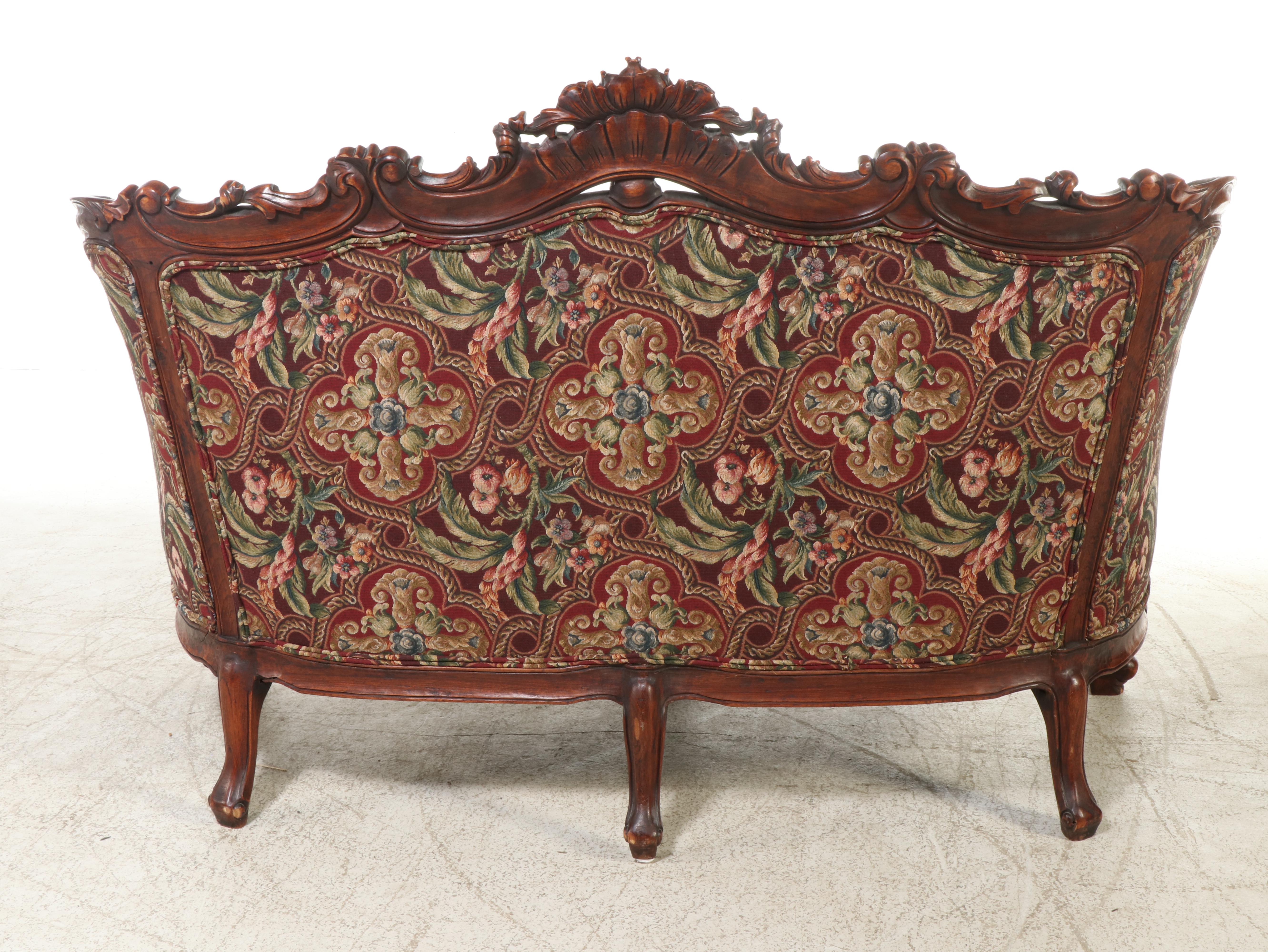 Rococo Style Carved Wood and Floral Upholstered Sofa, 20th Century
