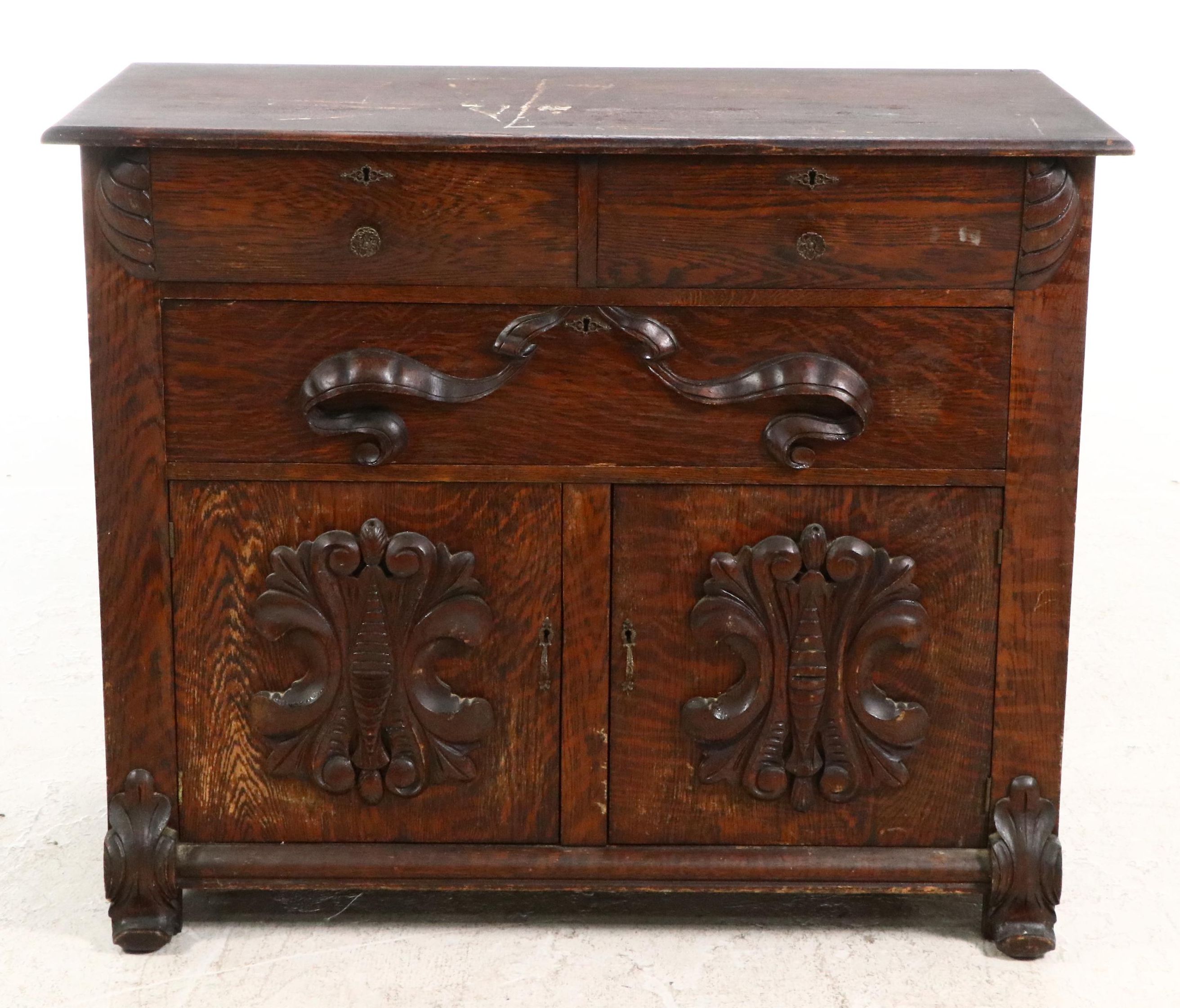 Victorian Carved Oak Washstand, 19th Century