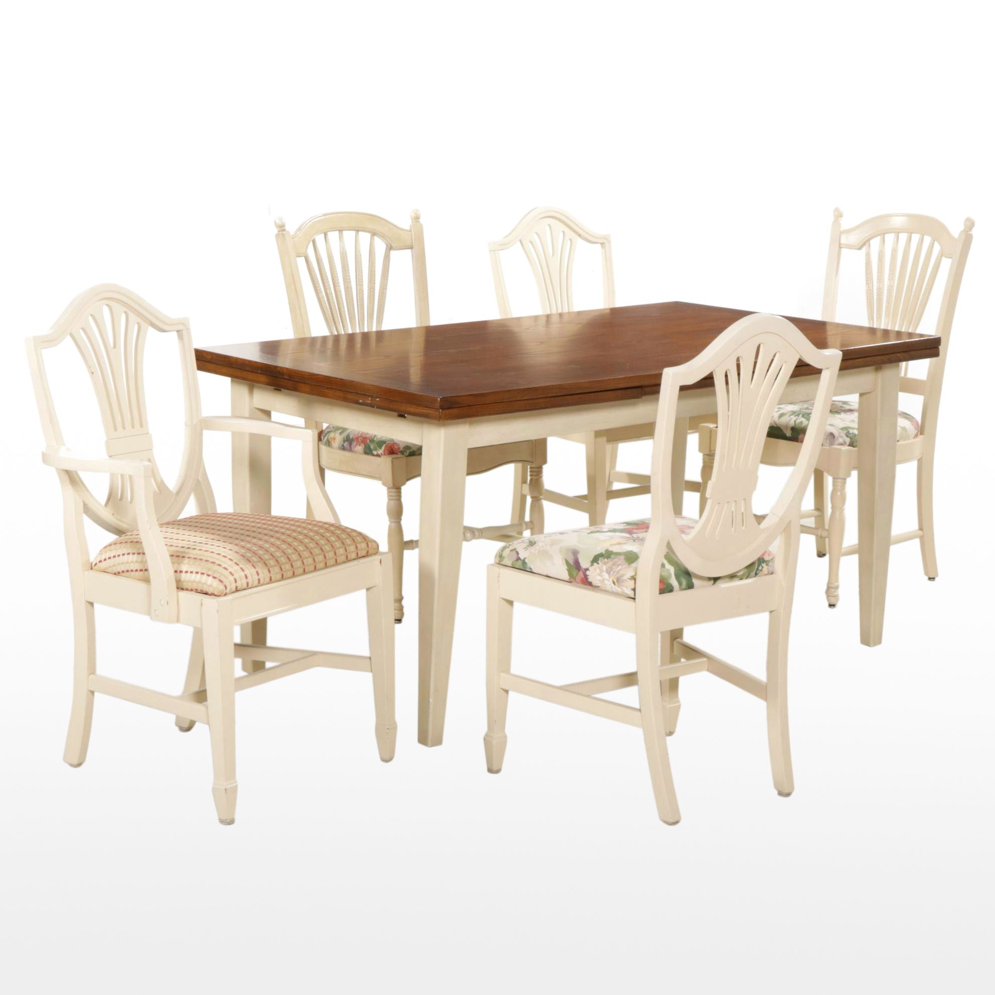 Painted Wood Dining Table with Pull-Out Leaves and Five Chairs