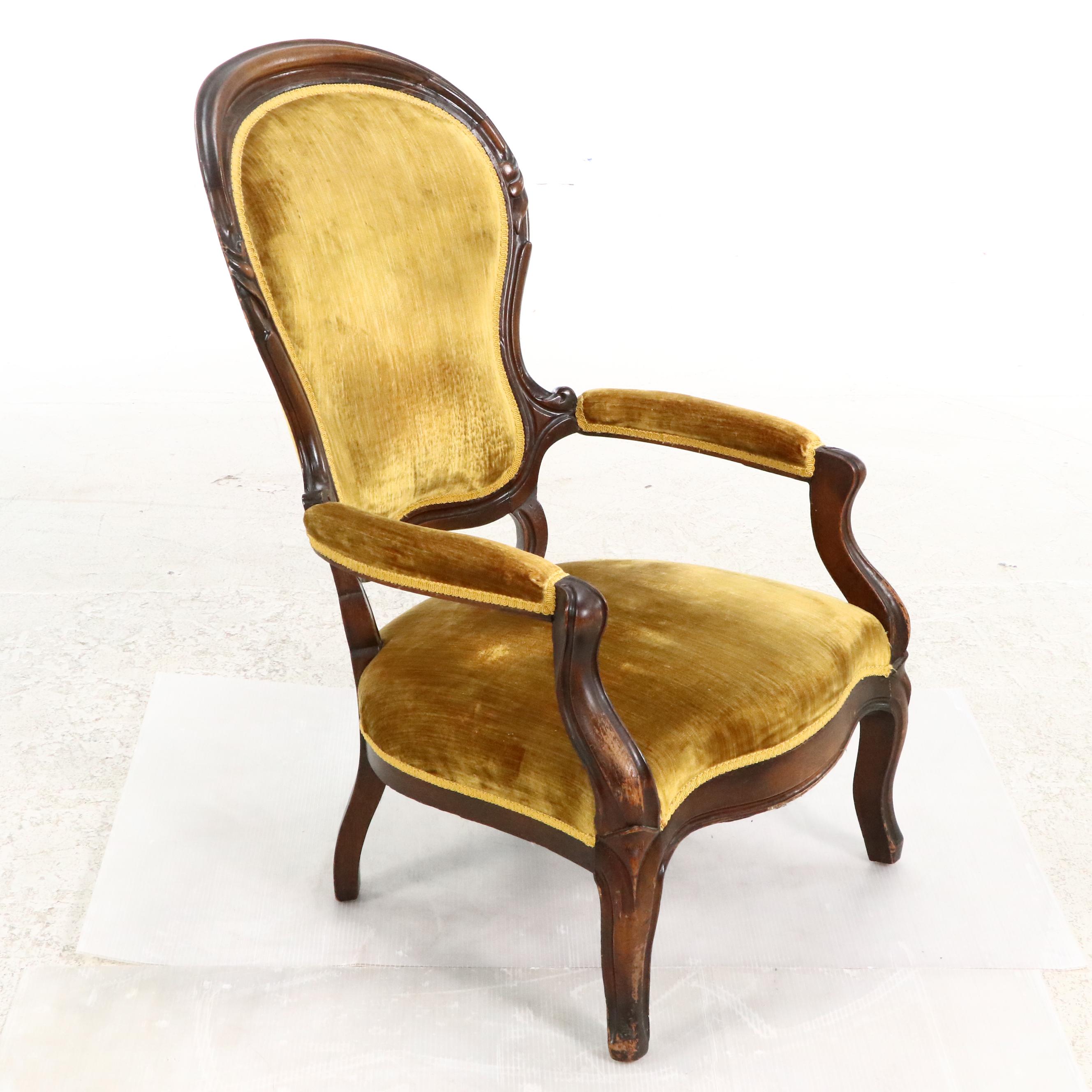 Victorian Carved and Upholstered Parlor Chair, Late 19th/ Early 20th Century