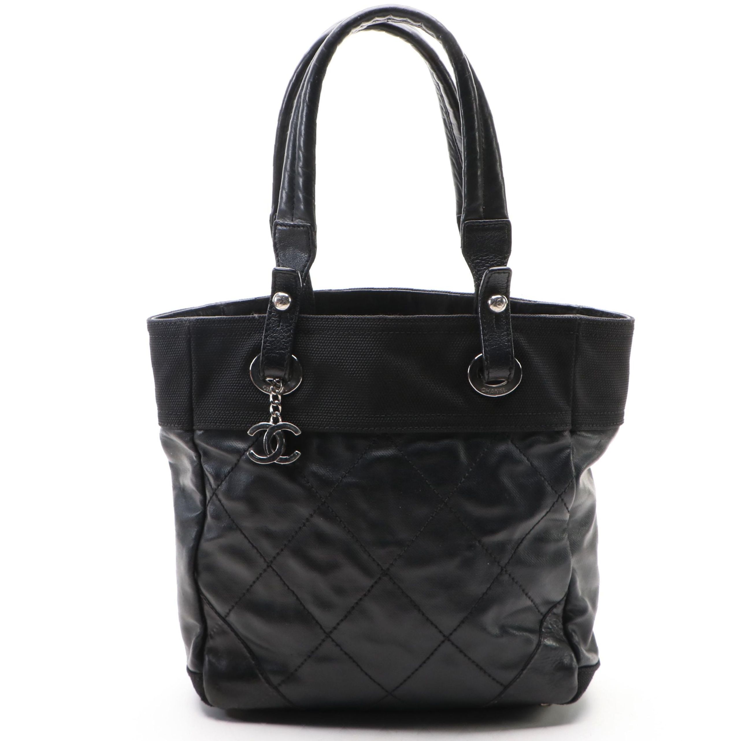 Chanel Biarritz PM Shoulder Bag Tote in Black Canvas with Leather Trim