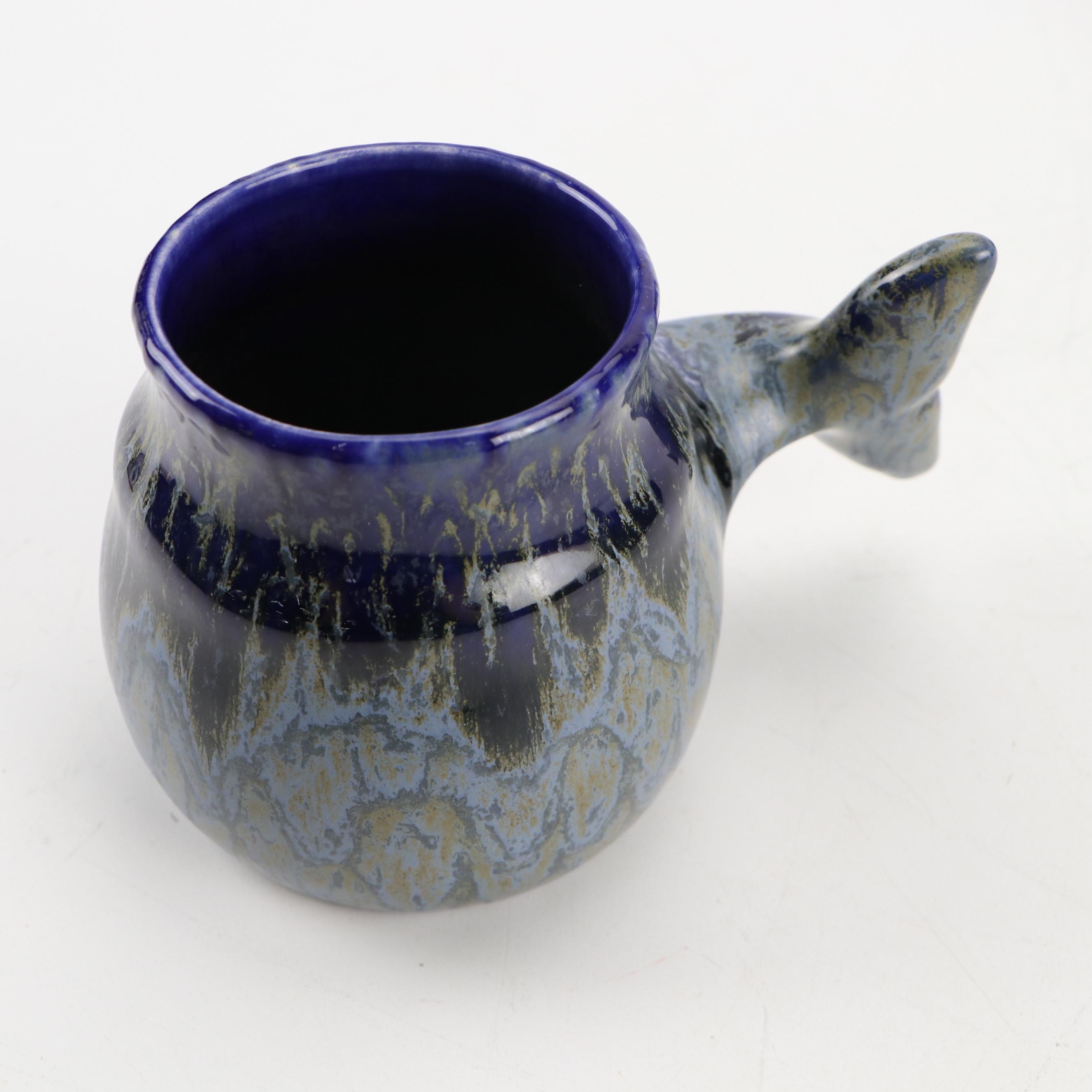 Art Pottery Whale Tail Mugs and Glass Bird
