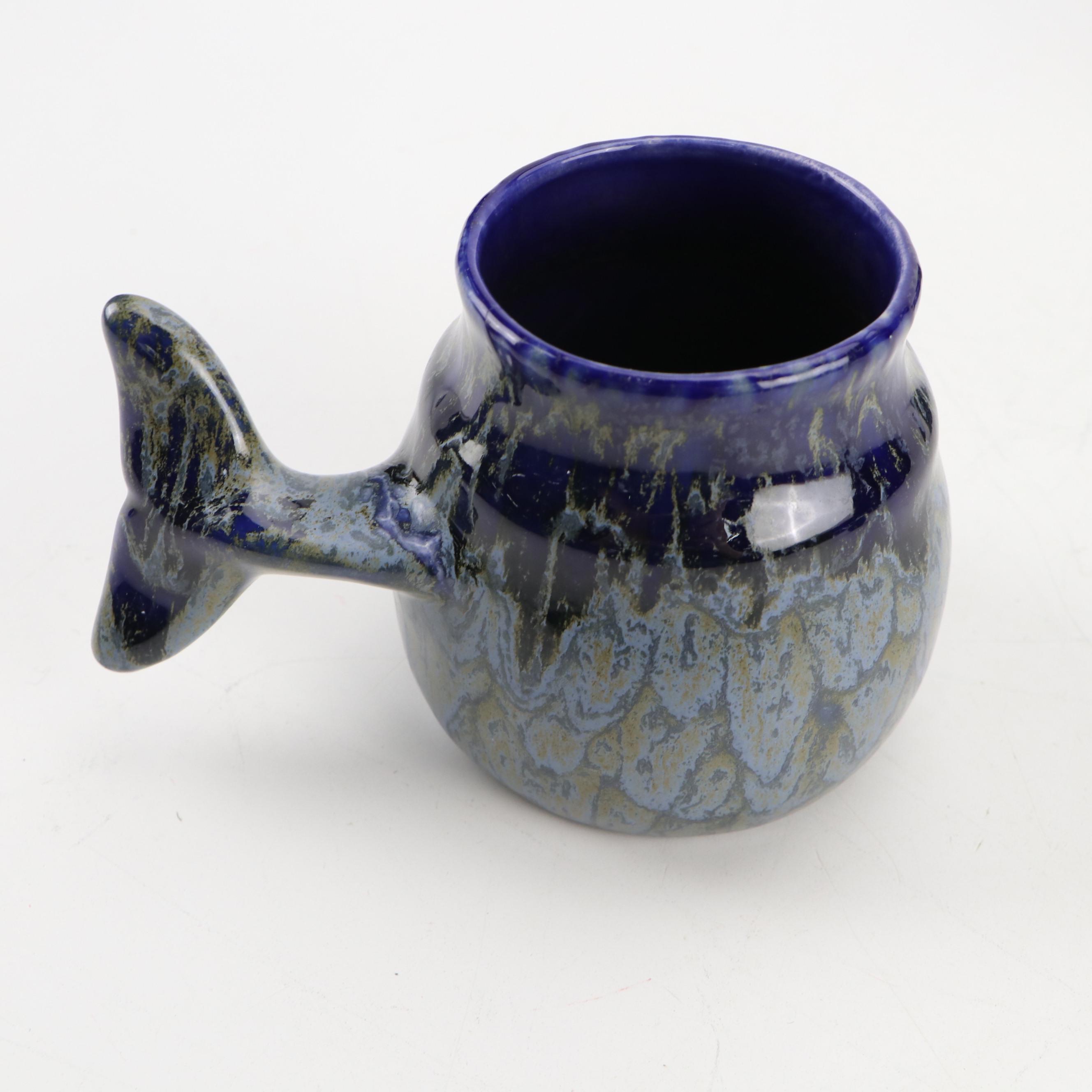 Art Pottery Whale Tail Mugs and Glass Bird