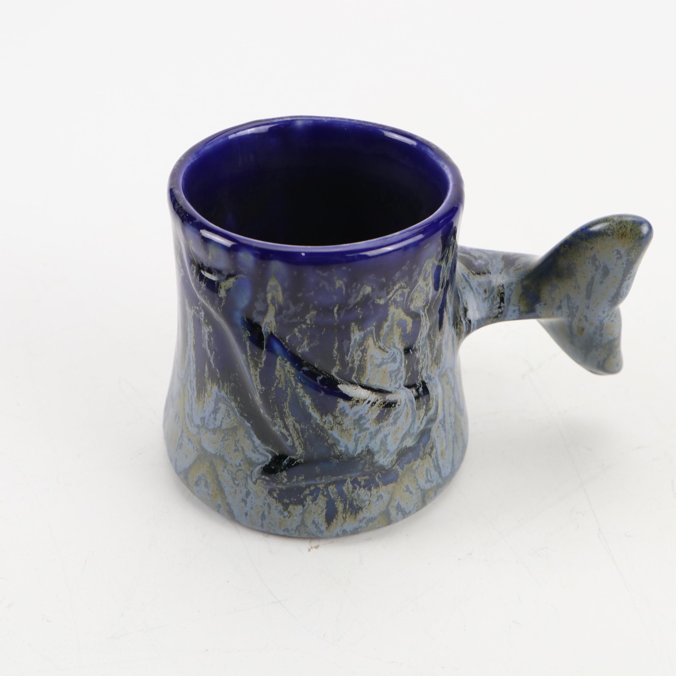Art Pottery Whale Tail Mugs and Glass Bird