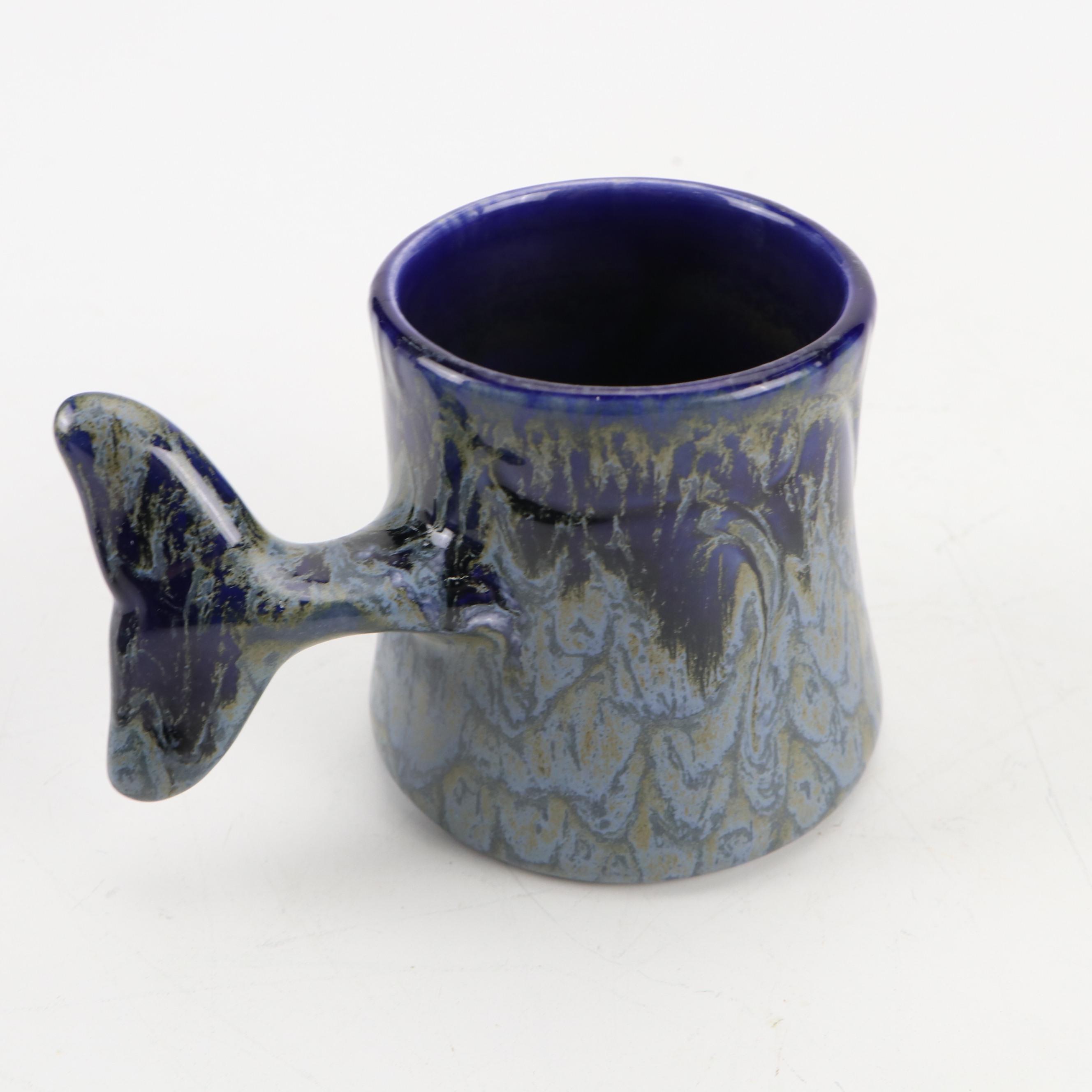 Art Pottery Whale Tail Mugs and Glass Bird