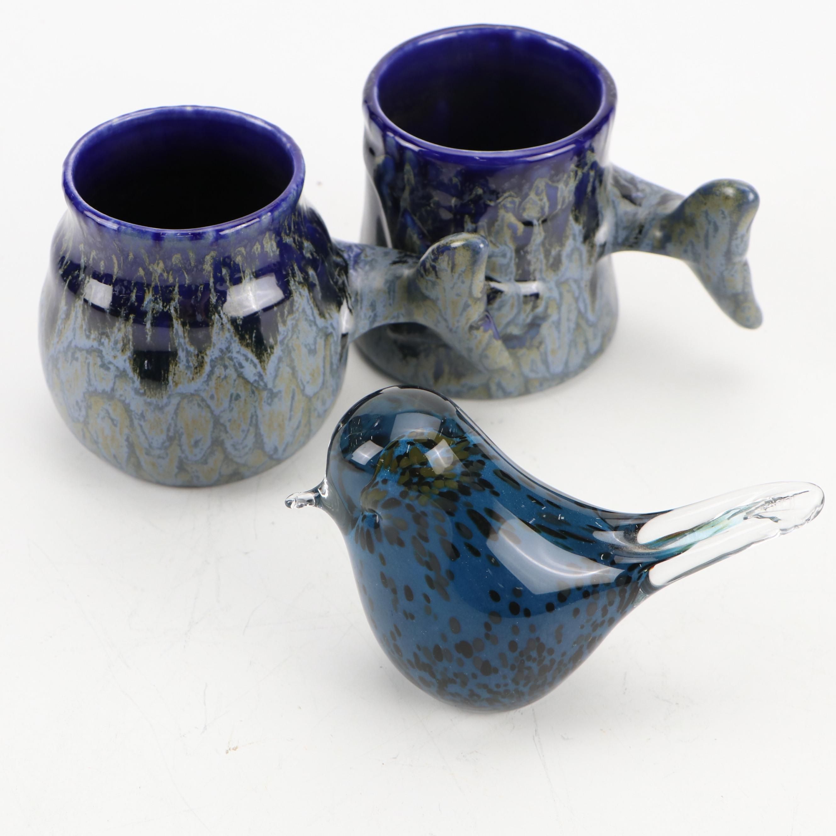 Art Pottery Whale Tail Mugs and Glass Bird