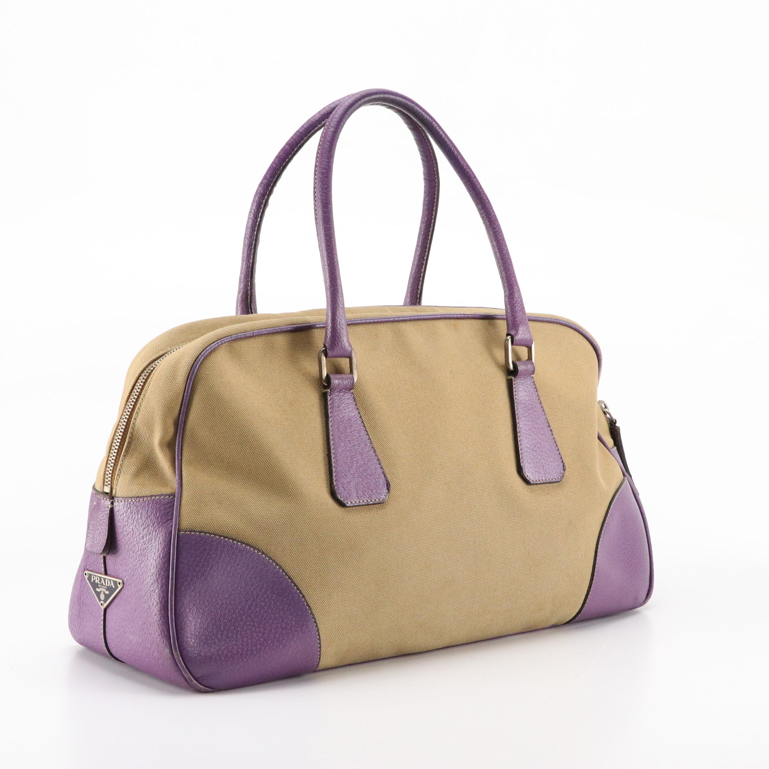 Prada Bowling Bag in Tan Canvas and Violet Pig Skin Leather
