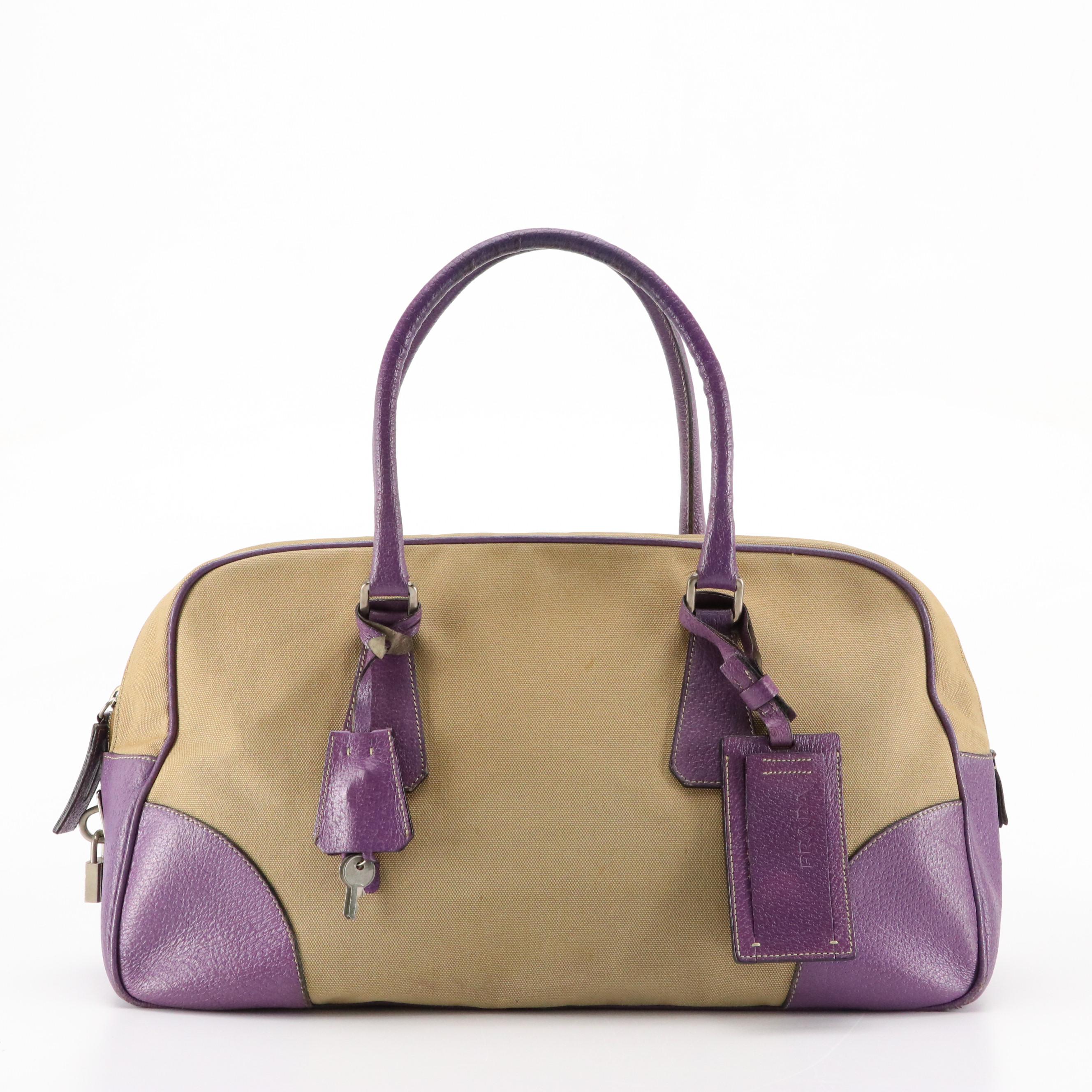 Prada Bowling Bag in Tan Canvas and Violet Pig Skin Leather