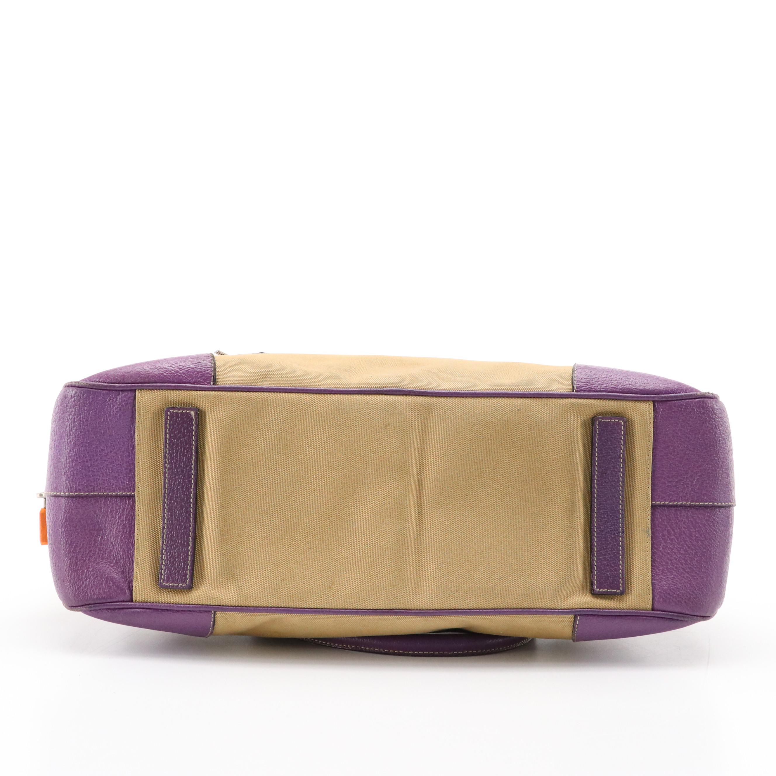 Prada Bowling Bag in Tan Canvas and Violet Pig Skin Leather