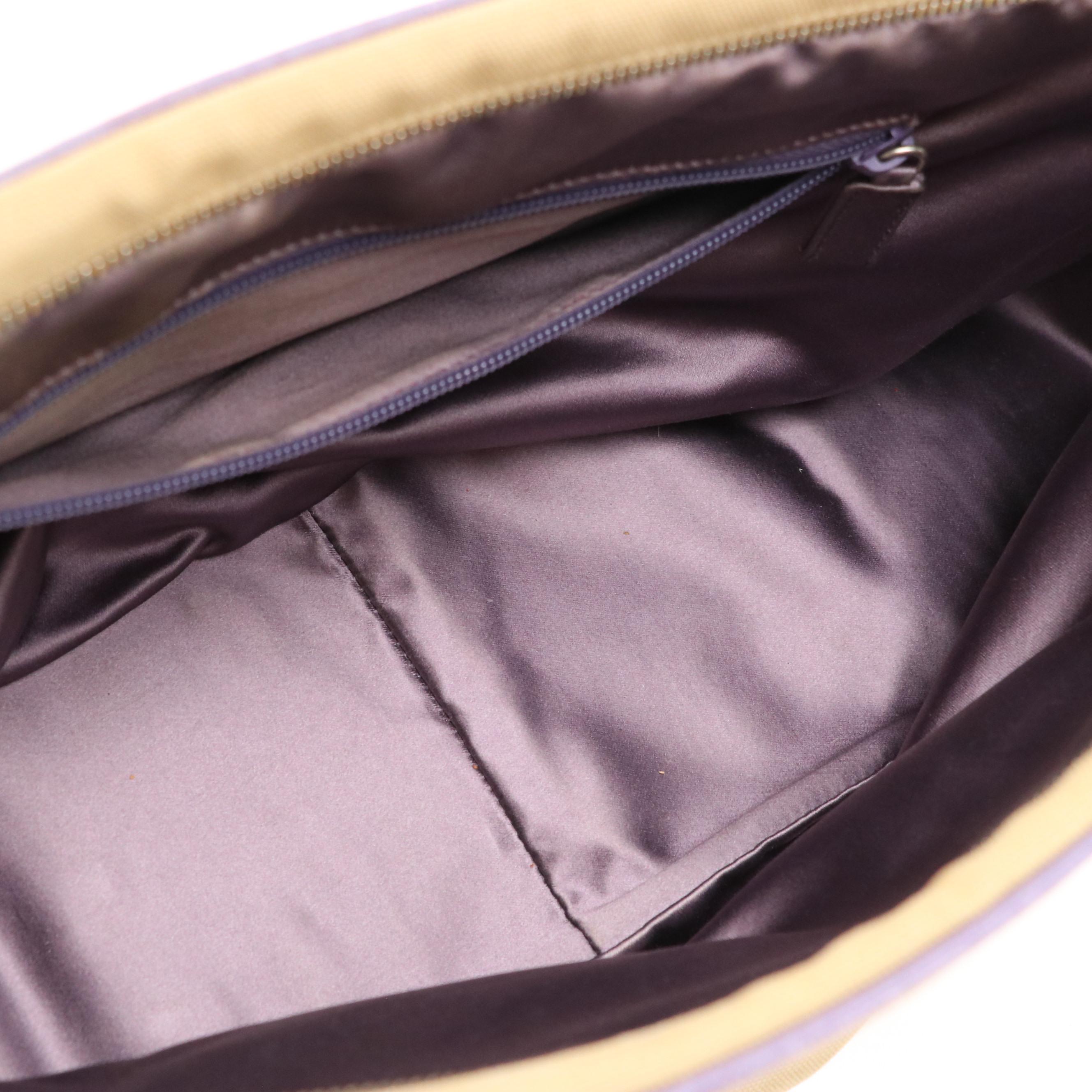 Prada Bowling Bag in Tan Canvas and Violet Pig Skin Leather