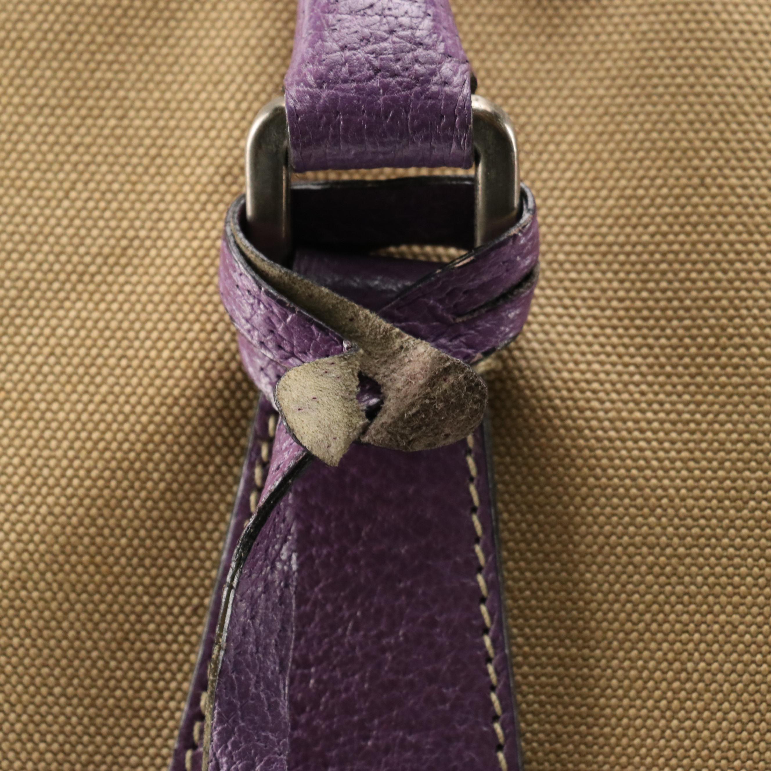 Prada Bowling Bag in Tan Canvas and Violet Pig Skin Leather