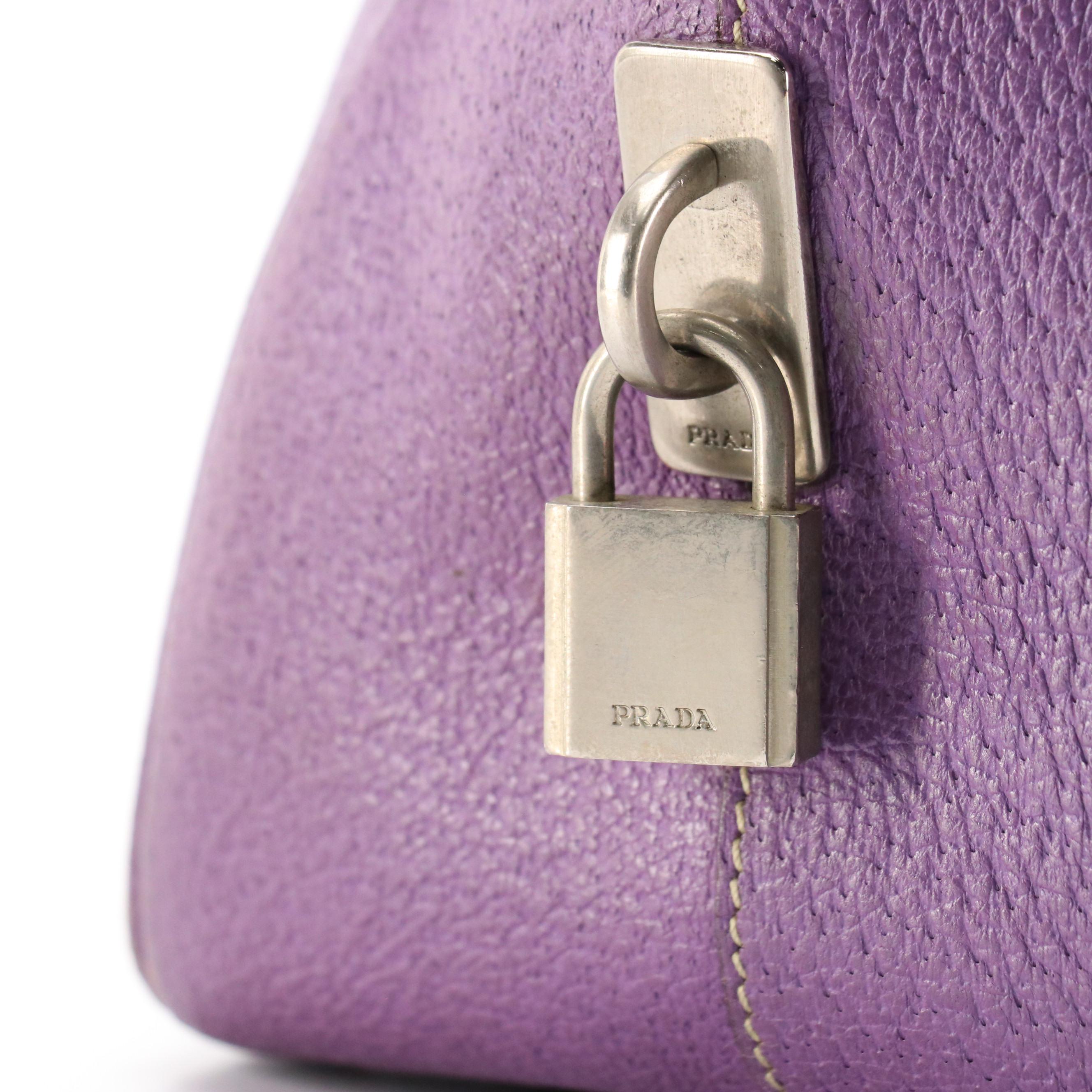 Prada Bowling Bag in Tan Canvas and Violet Pig Skin Leather