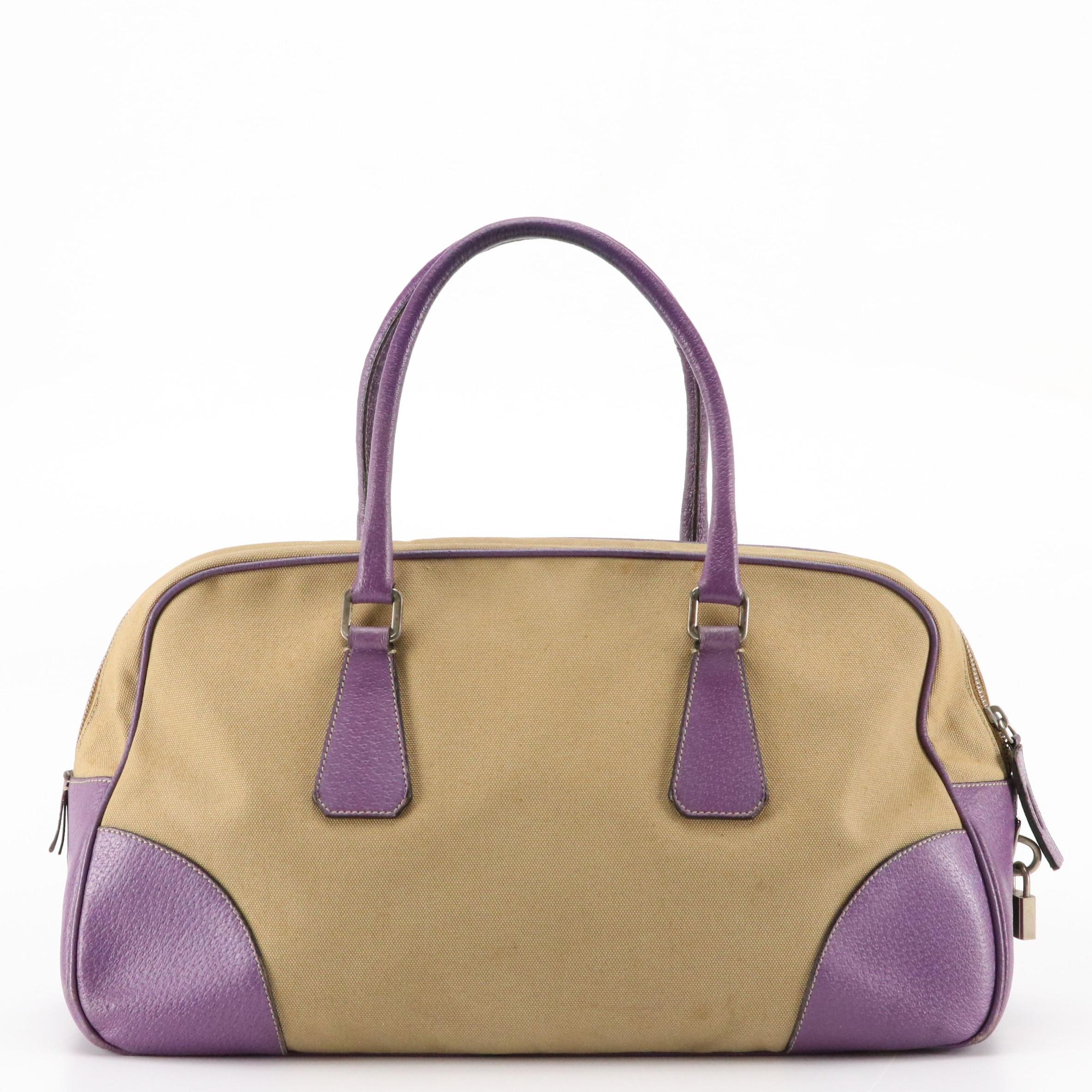 Prada Bowling Bag in Tan Canvas and Violet Pig Skin Leather