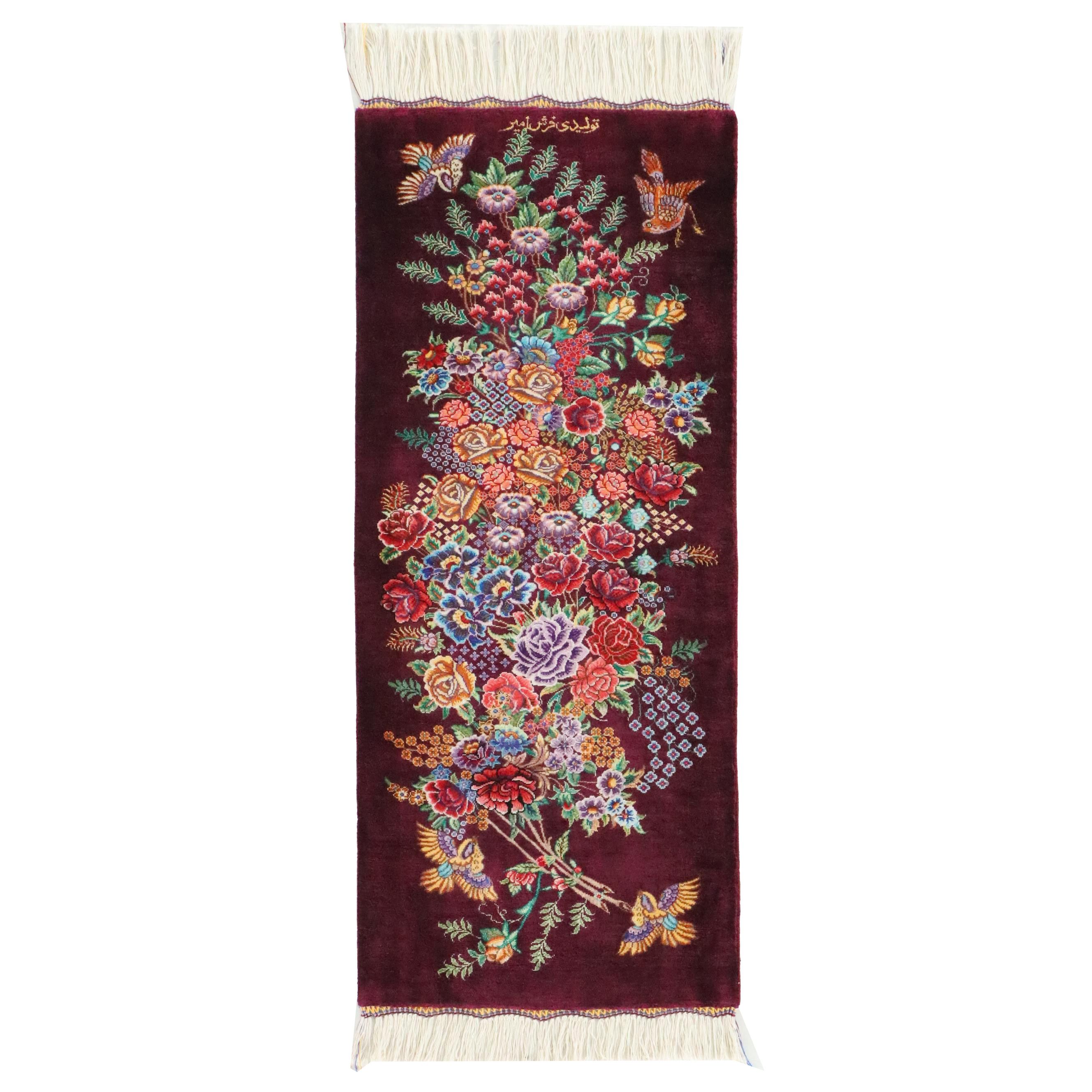 1'3 x 3'4 Hand-Knotted Qom Style Art Silk Floral Accent Rug