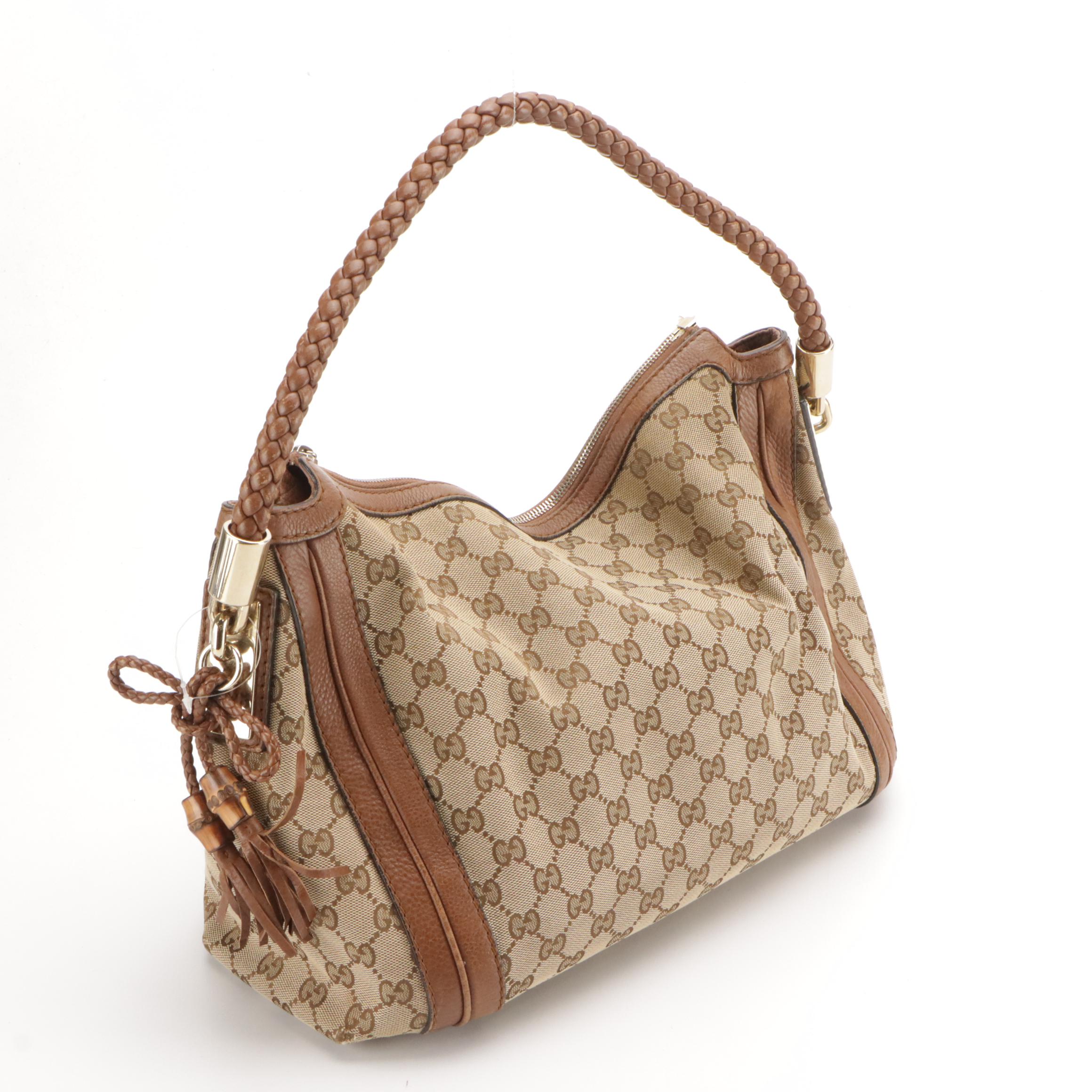 Gucci GG Canvas and Leather Bella Hobo Bag with Braided Strap & Bamboo Tassels