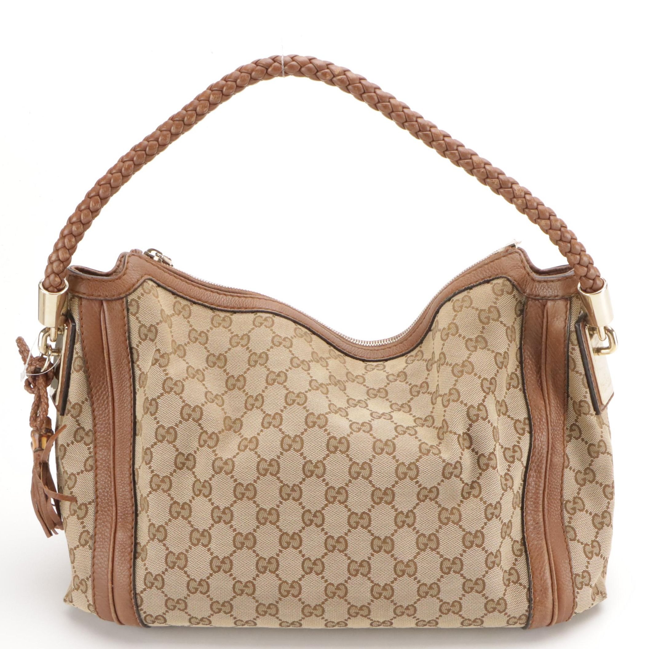 Gucci GG Canvas and Leather Bella Hobo Bag with Braided Strap & Bamboo Tassels