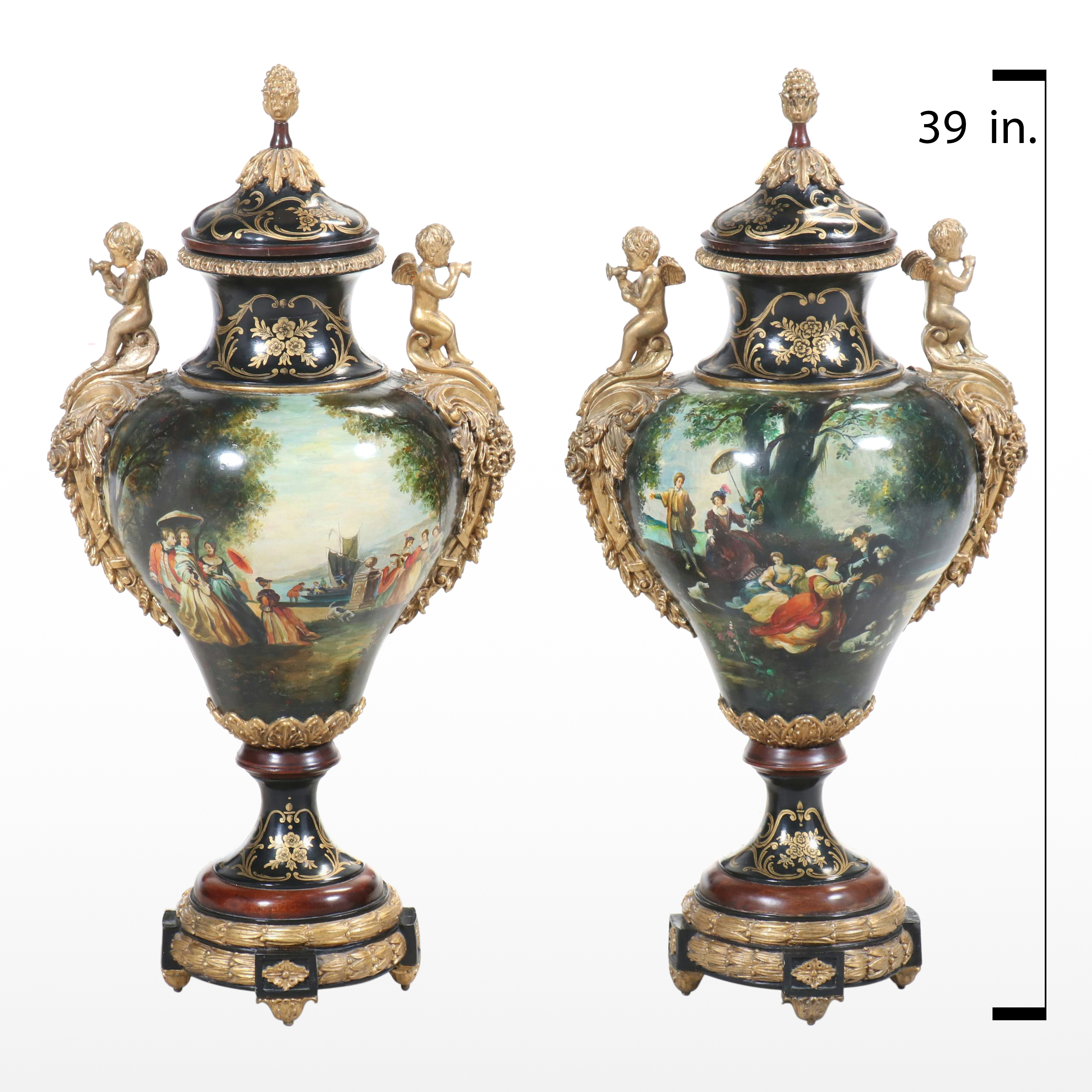 Gilt Rococo Style Domestic Scene and Cherub Form Handled Ceramic Urns