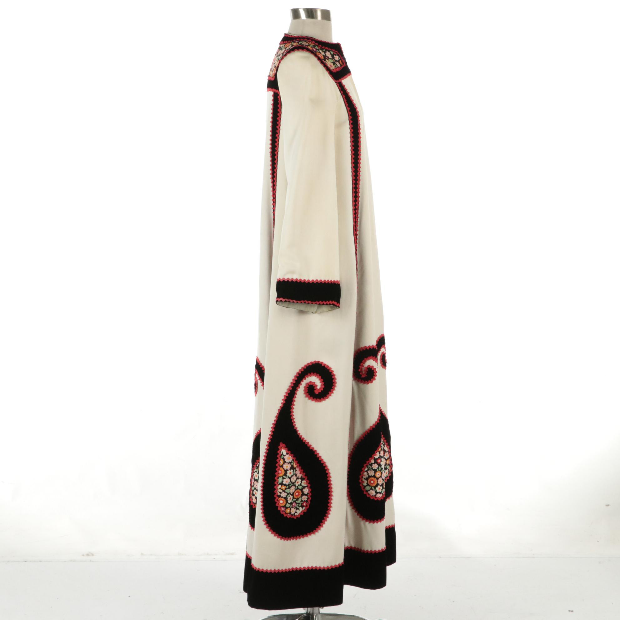 Malcolm Starr Zipper-Front Caftan Dress in Floral Print Paisley Motif, 1970s