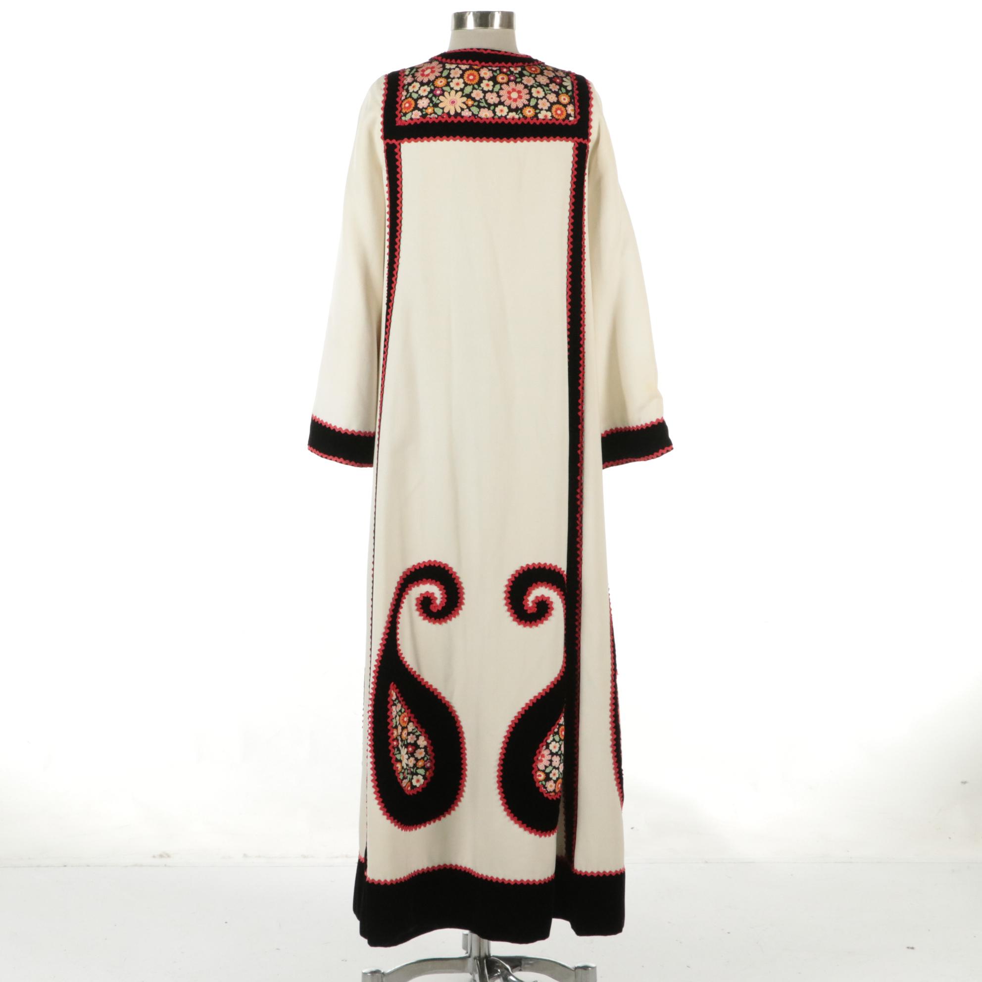 Malcolm Starr Zipper-Front Caftan Dress in Floral Print Paisley Motif, 1970s