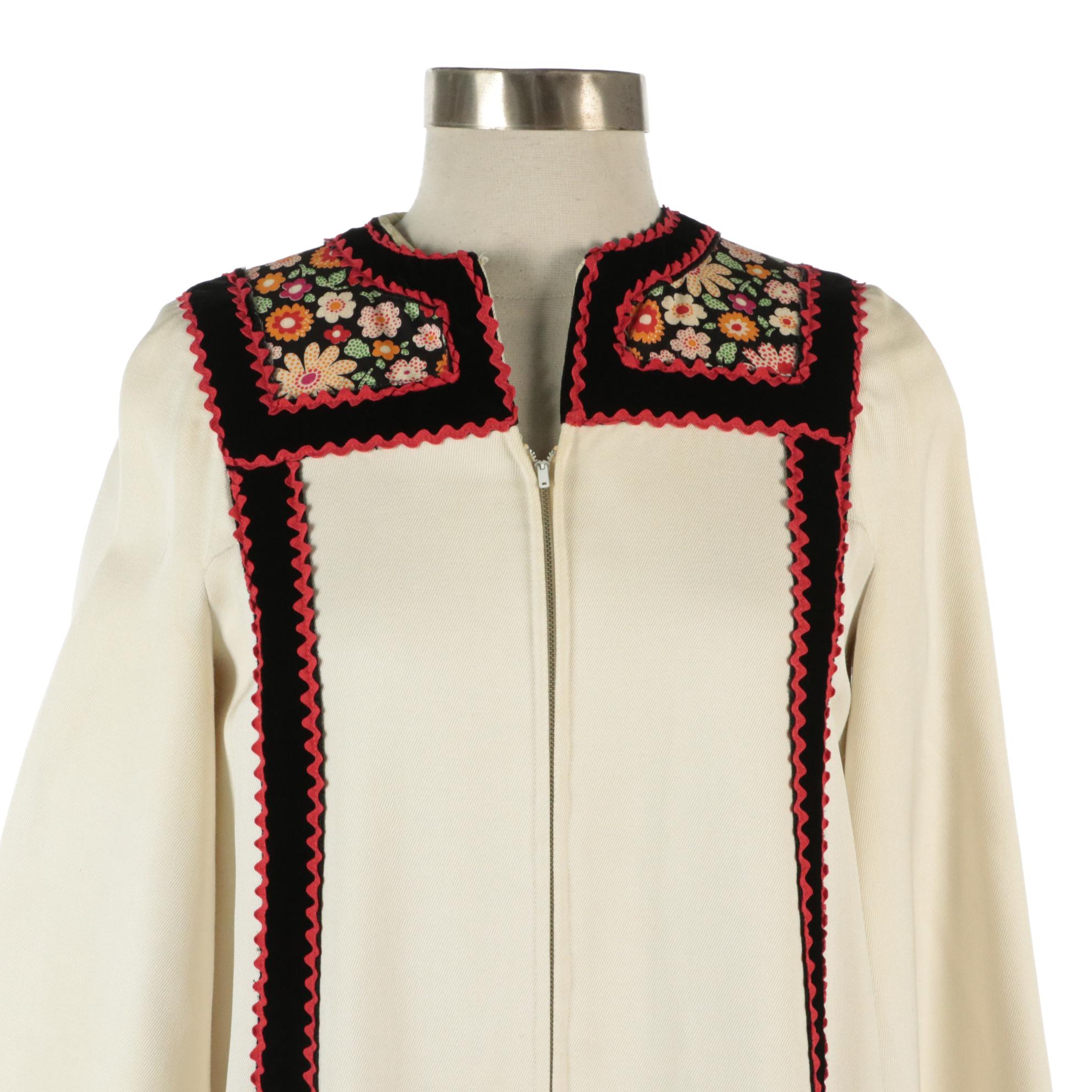 Malcolm Starr Zipper-Front Caftan Dress in Floral Print Paisley Motif, 1970s