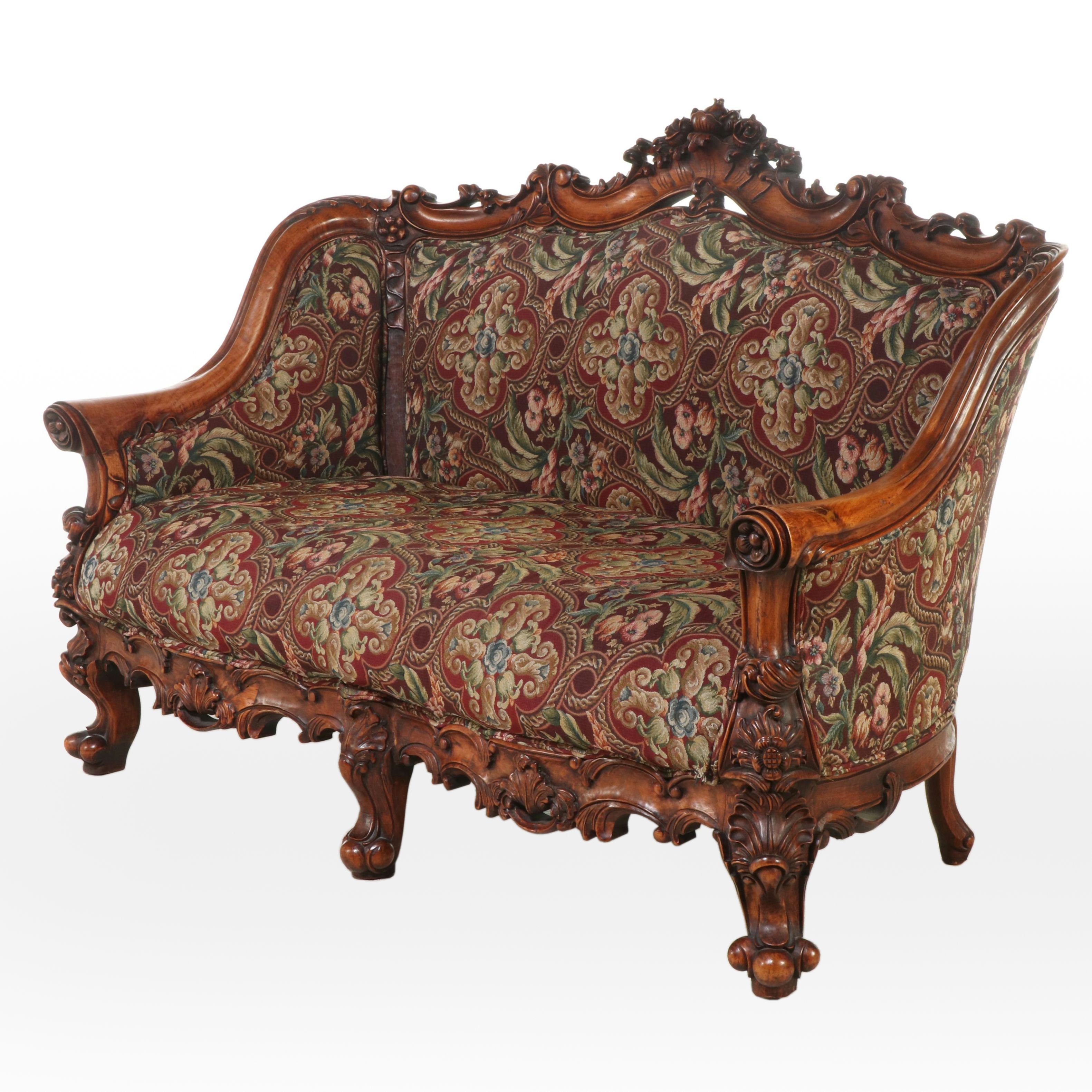 Rococo Style Carved Wood and Floral Upholstered Sofa, 20th Century