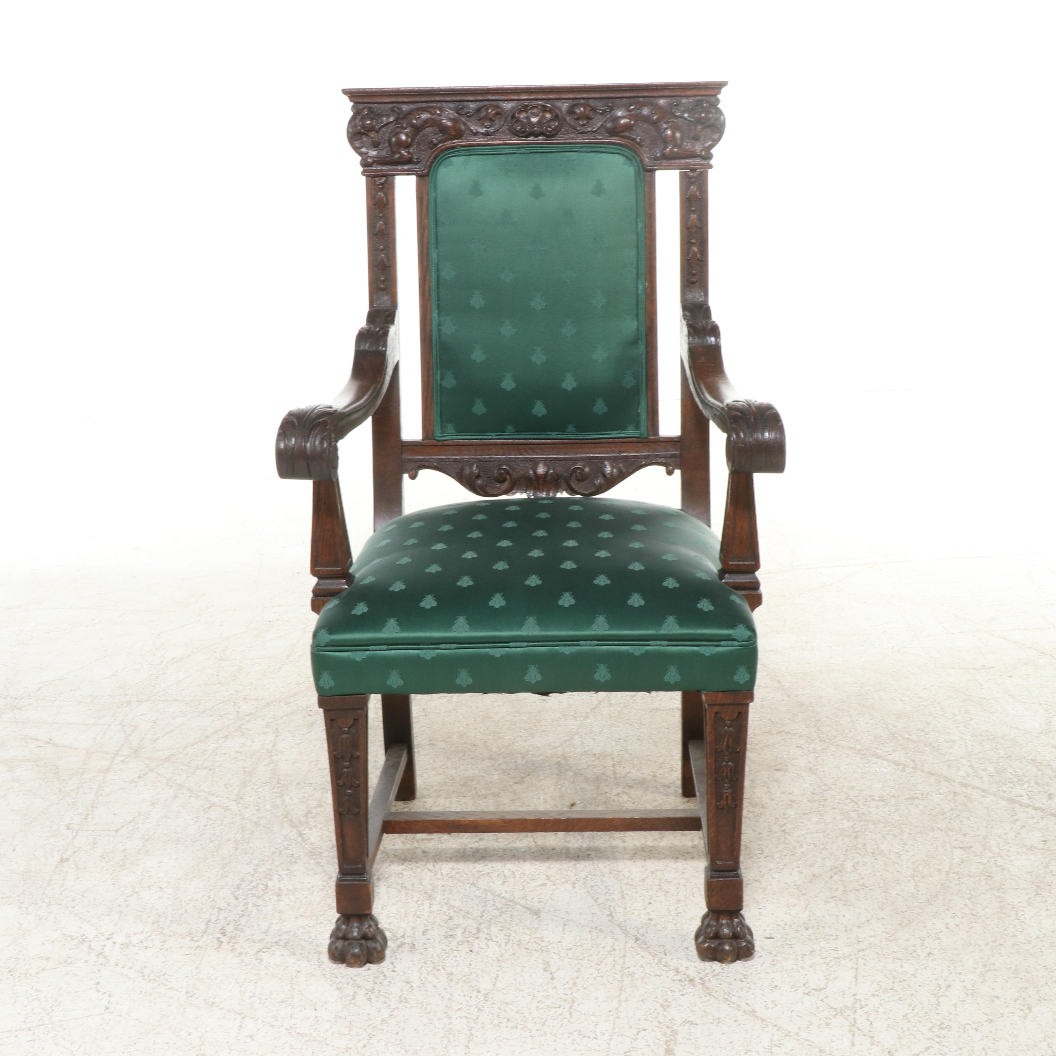 Victorian Renaissance Revival Carved Oak Library Chair, 19th Century