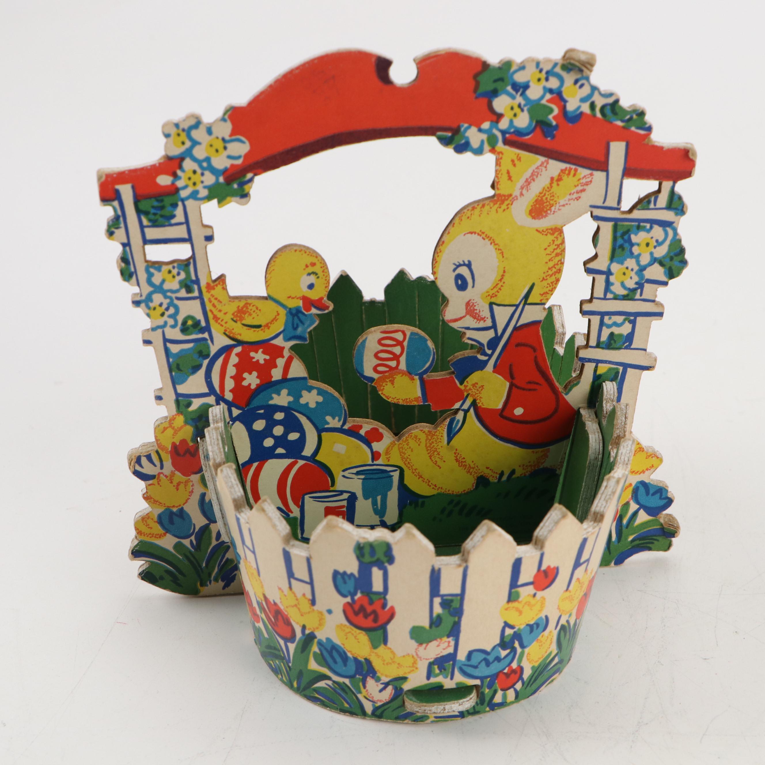 Rabbit Figurines with Other Easter Basket, Mid to Late 20th Century