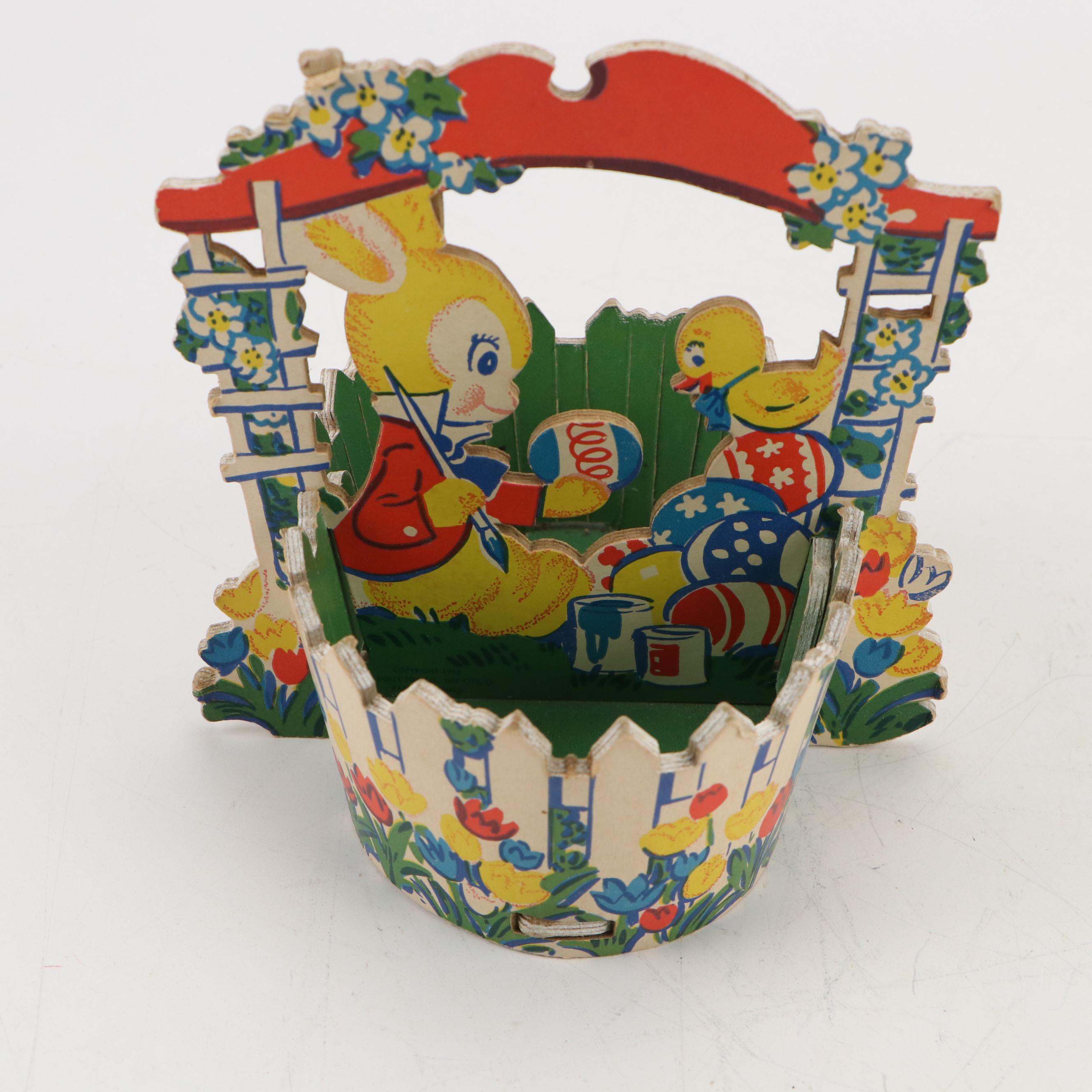 Rabbit Figurines with Other Easter Basket, Mid to Late 20th Century