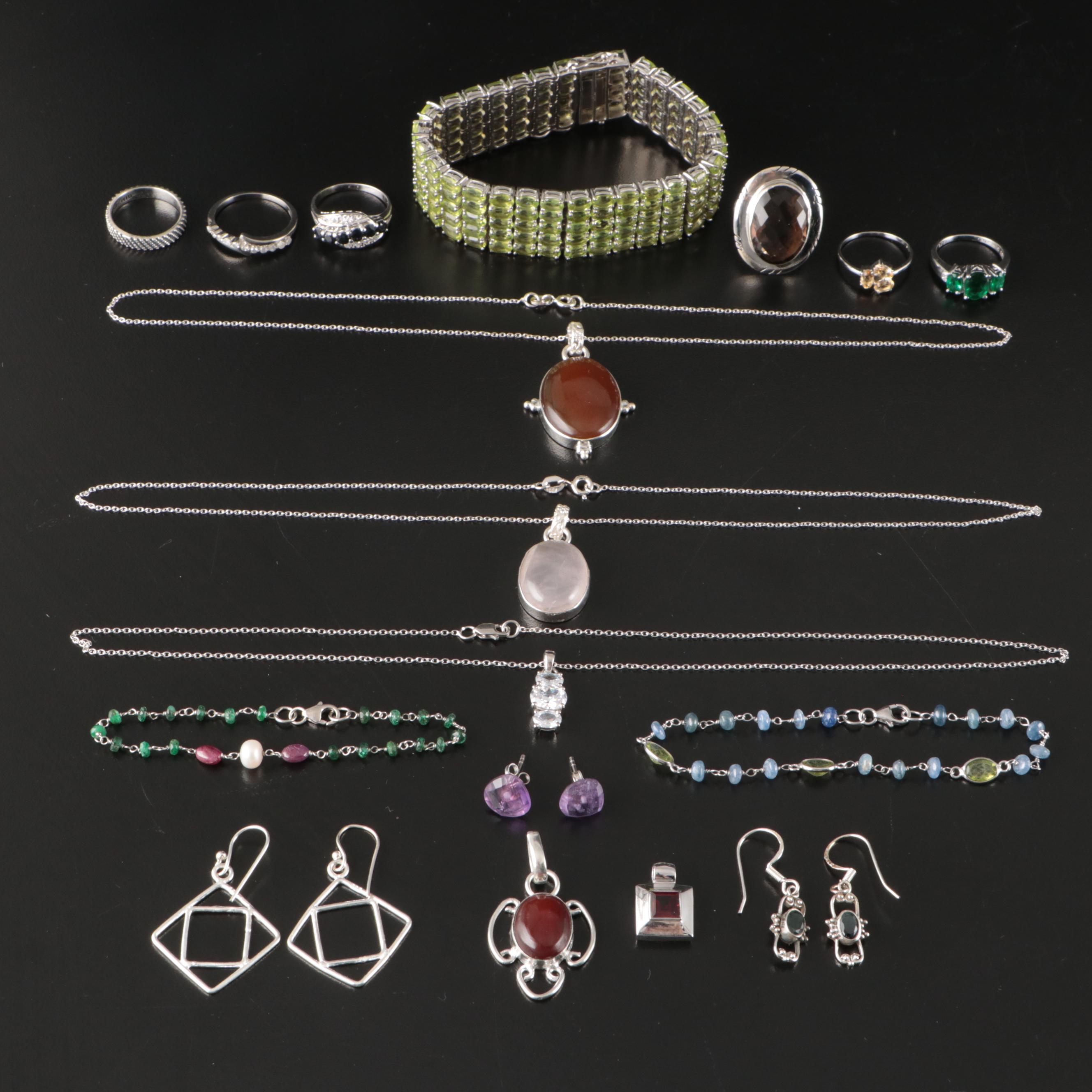 17 Assorted Sterling Silver Bracelets, Earrings, Necklaces, Pendants, and Rings