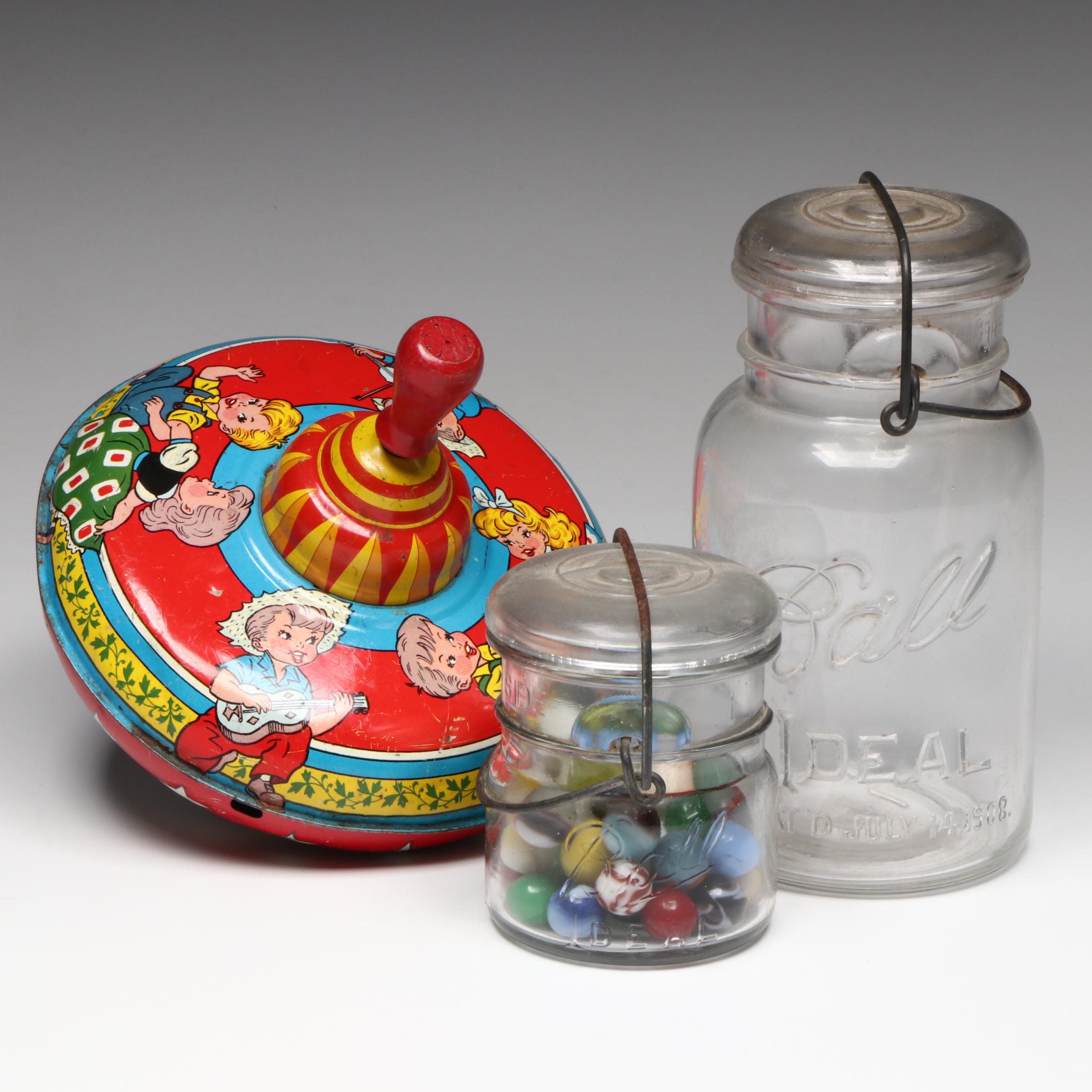 Ball and Other Glass Jars with Tin Litho Spinning Top and Marbles