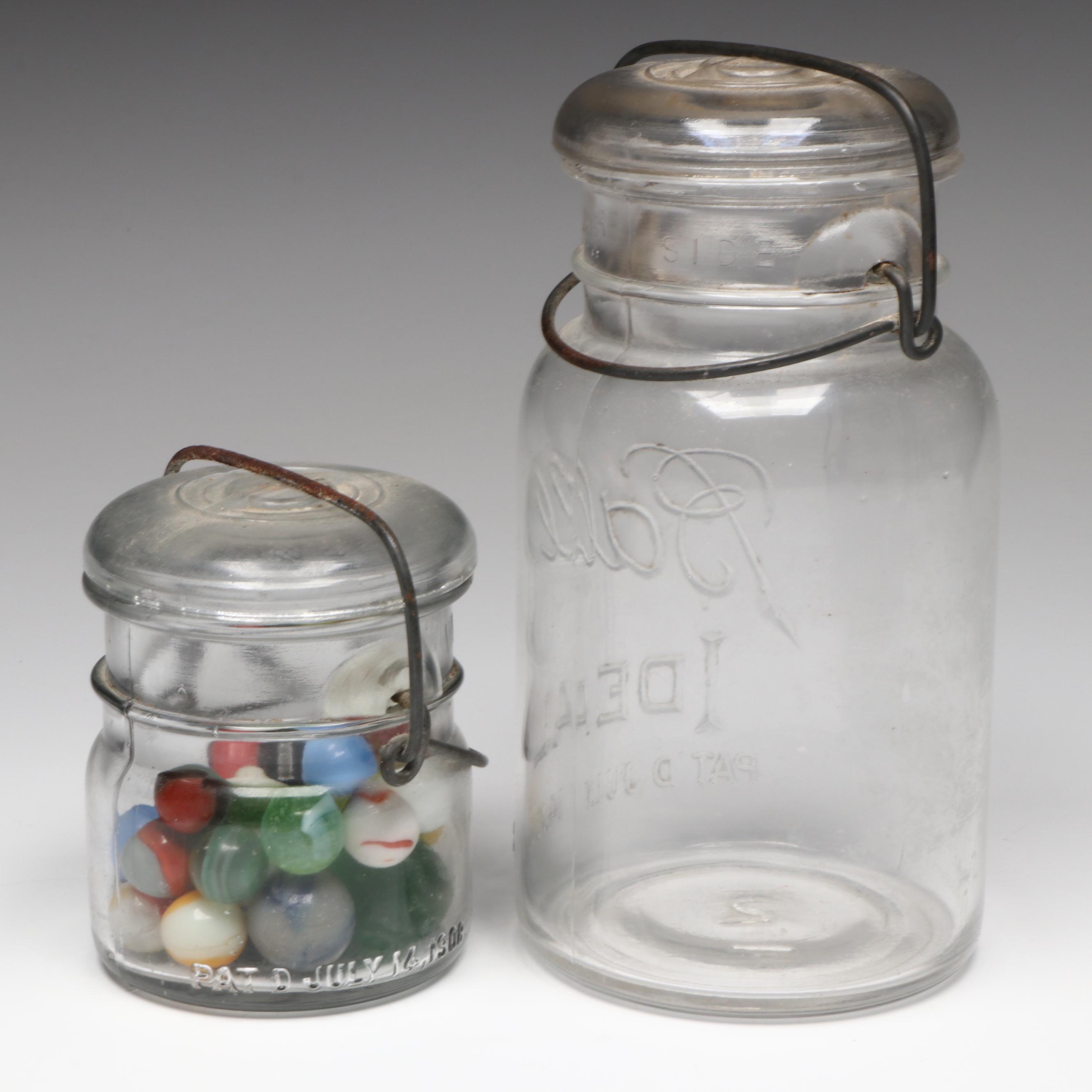 Ball and Other Glass Jars with Tin Litho Spinning Top and Marbles