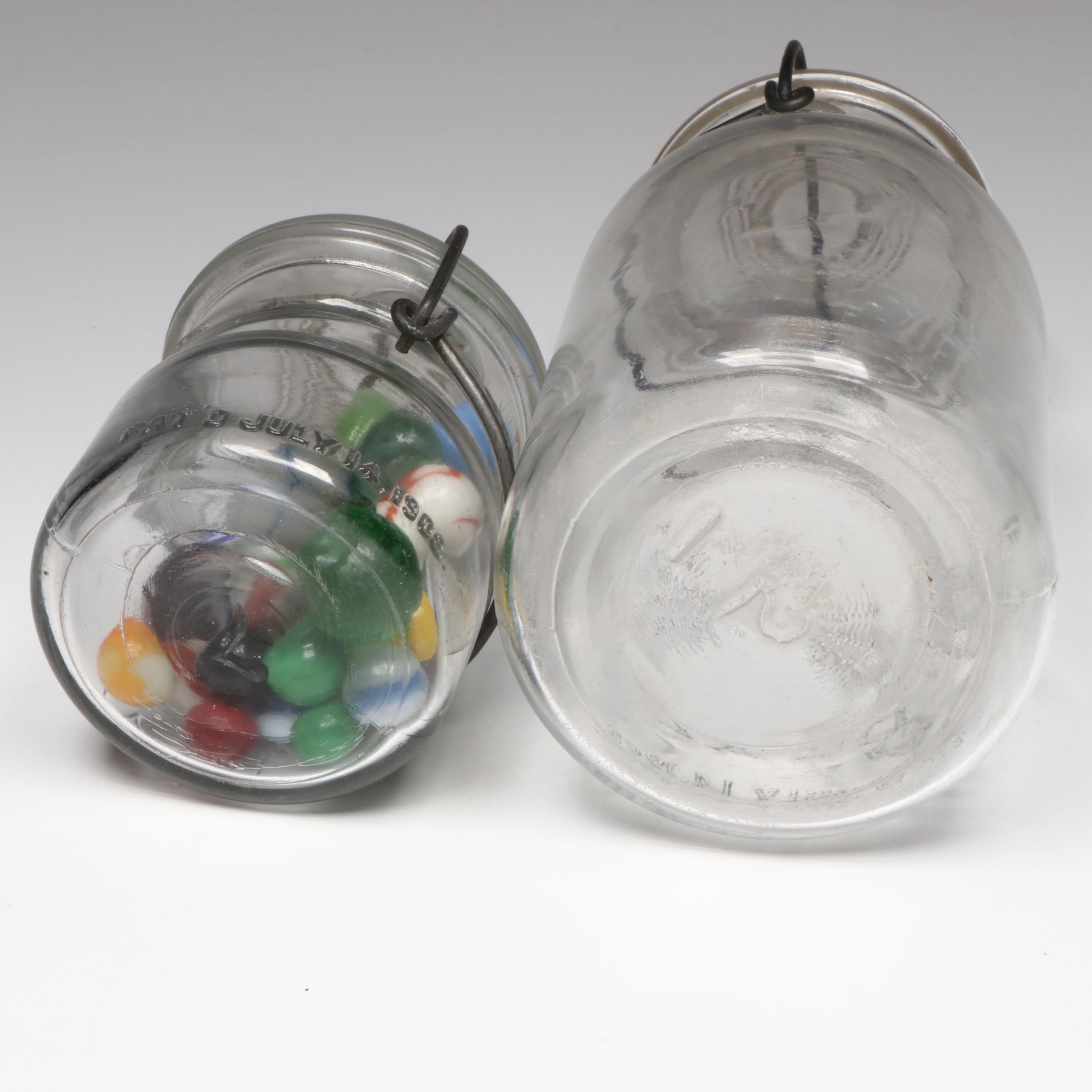 Ball and Other Glass Jars with Tin Litho Spinning Top and Marbles