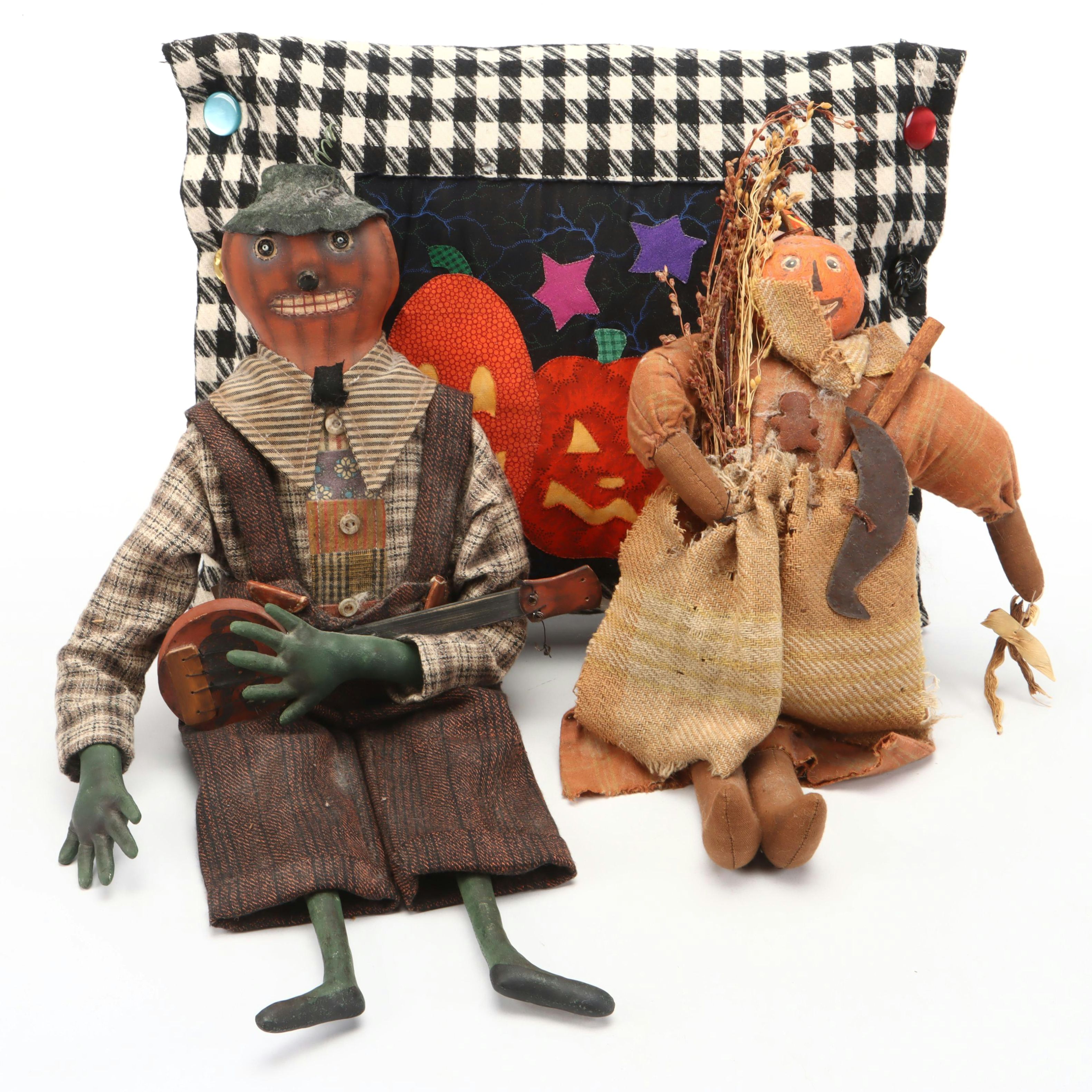 Sharon Miles Fabric Halloween Dolls with Jack-O-Lantern Throw Pillow