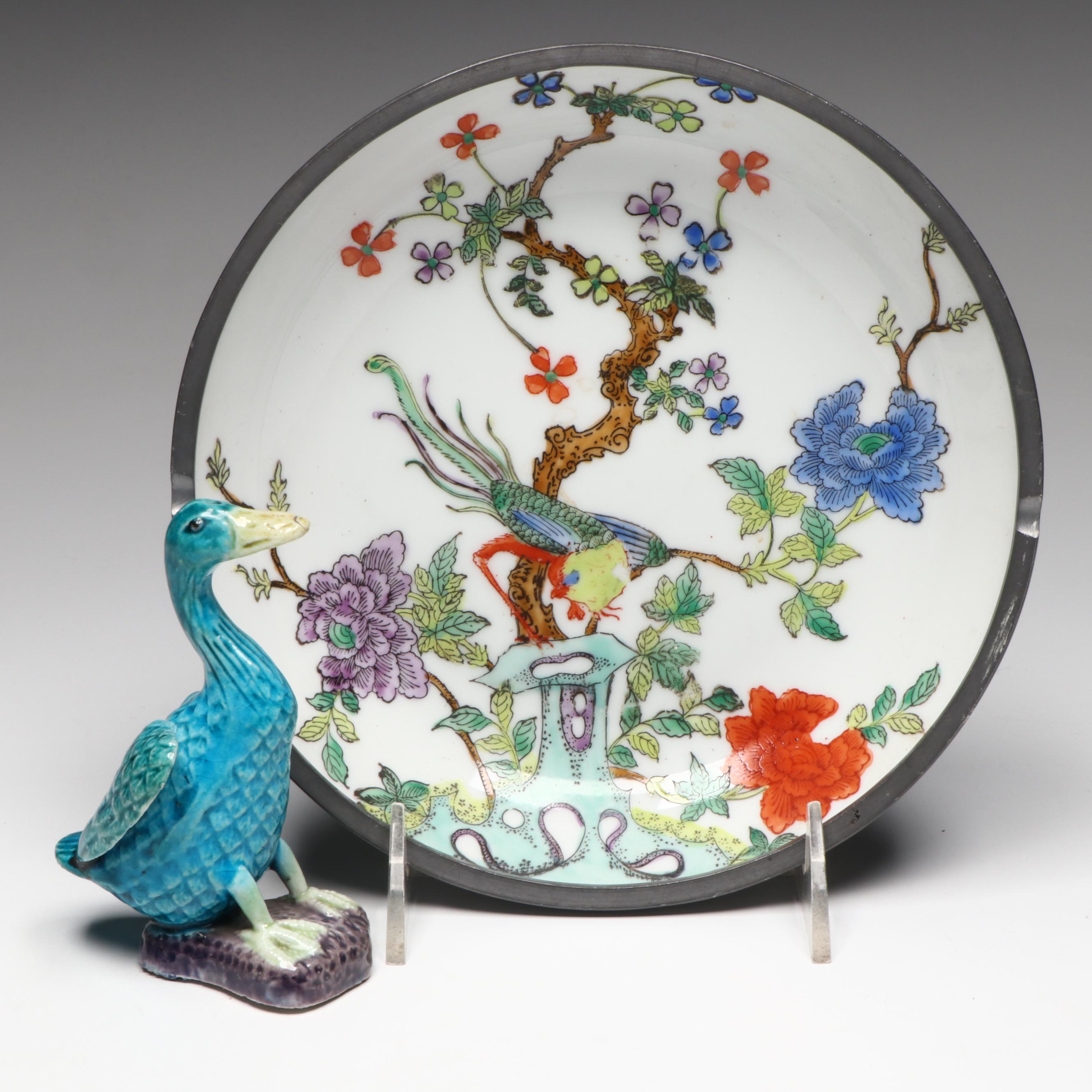 Porcelain and Metal Ashtray and Ceramic Bird Figurine